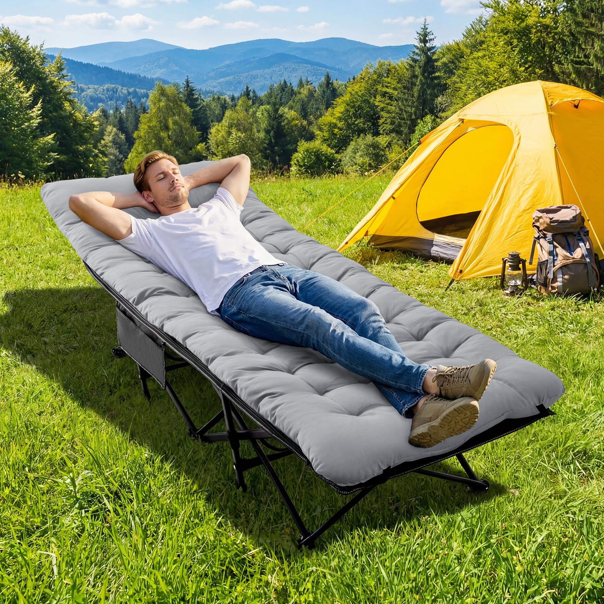 Palawano Cama de Camping Plegable para Adultos con Colchón, 190 x 71 cm, Cama Portátil de Acero con Tela Oxford 600D, con Bolsa de Transporte para Camping, Viaje, Invitados y Oficina