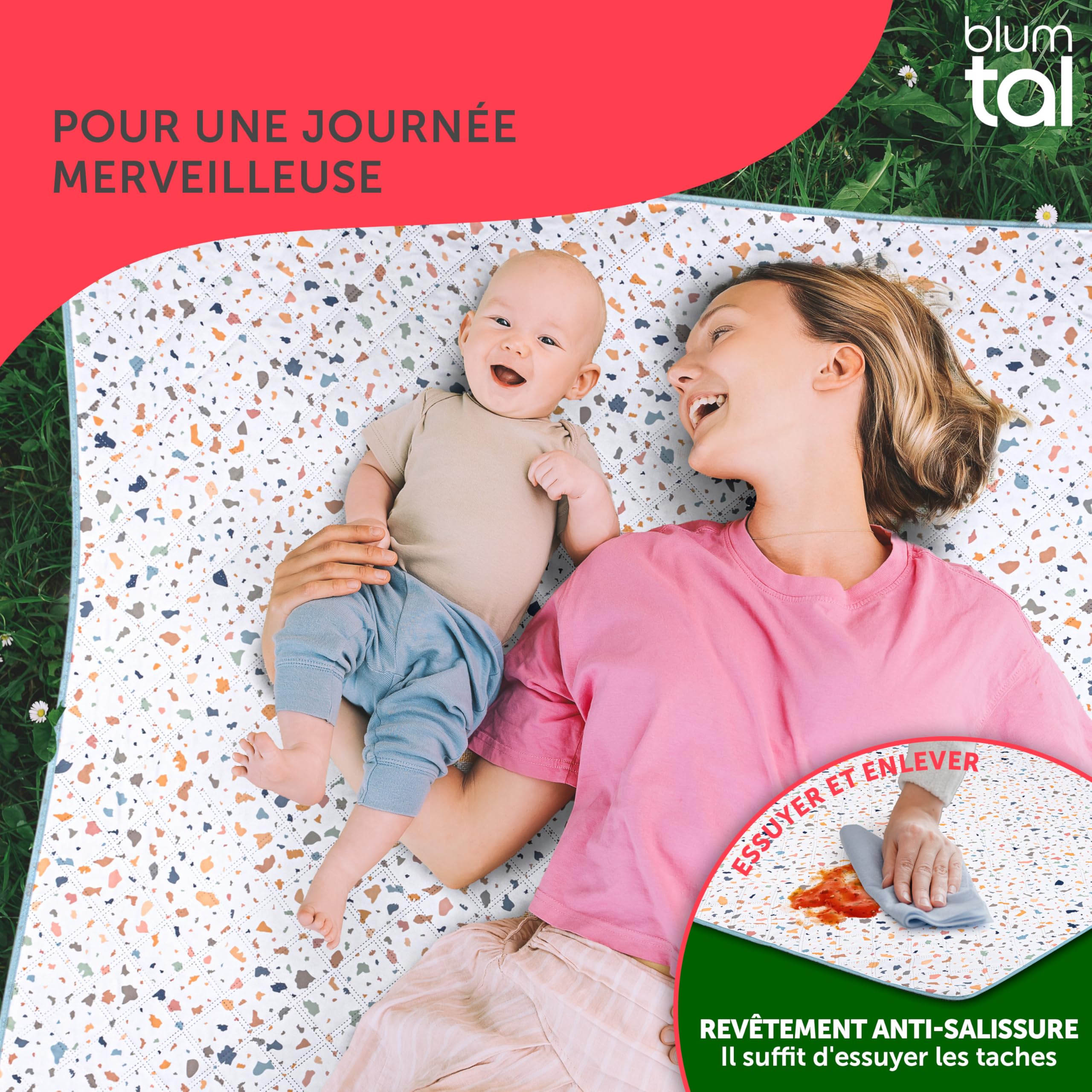 Blumtal Couverture Pique Nique - Couverture Imperméable 200x200 - Tapis de Plage Anti-Sable Lavable - Plaid Imperméable - Nappe Pique Nique en Tissu Oxford Robuste - Motif Terrazzo