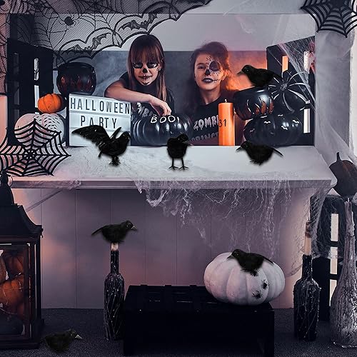 Miniatura 7 de Rcanedny Paquete de 16 cuervos negros de Halloween realistas cuervos emplumados hechos a mano para Halloween, fiesta al aire libre, suministros de