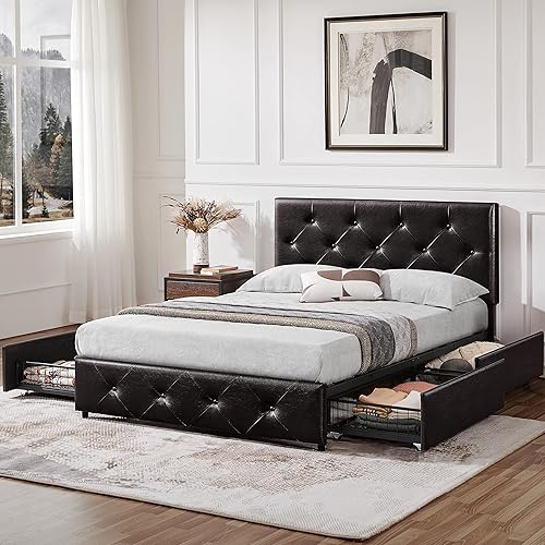 Yaheetech Upholstered Bed Frame with Adjustable Button Tufted Headboard and 4 Storage Drawers,Platform Bed Frame Mattress Foundation, Strong Wooden Slats Support,No Box Spring Needed, Black Brown-Full