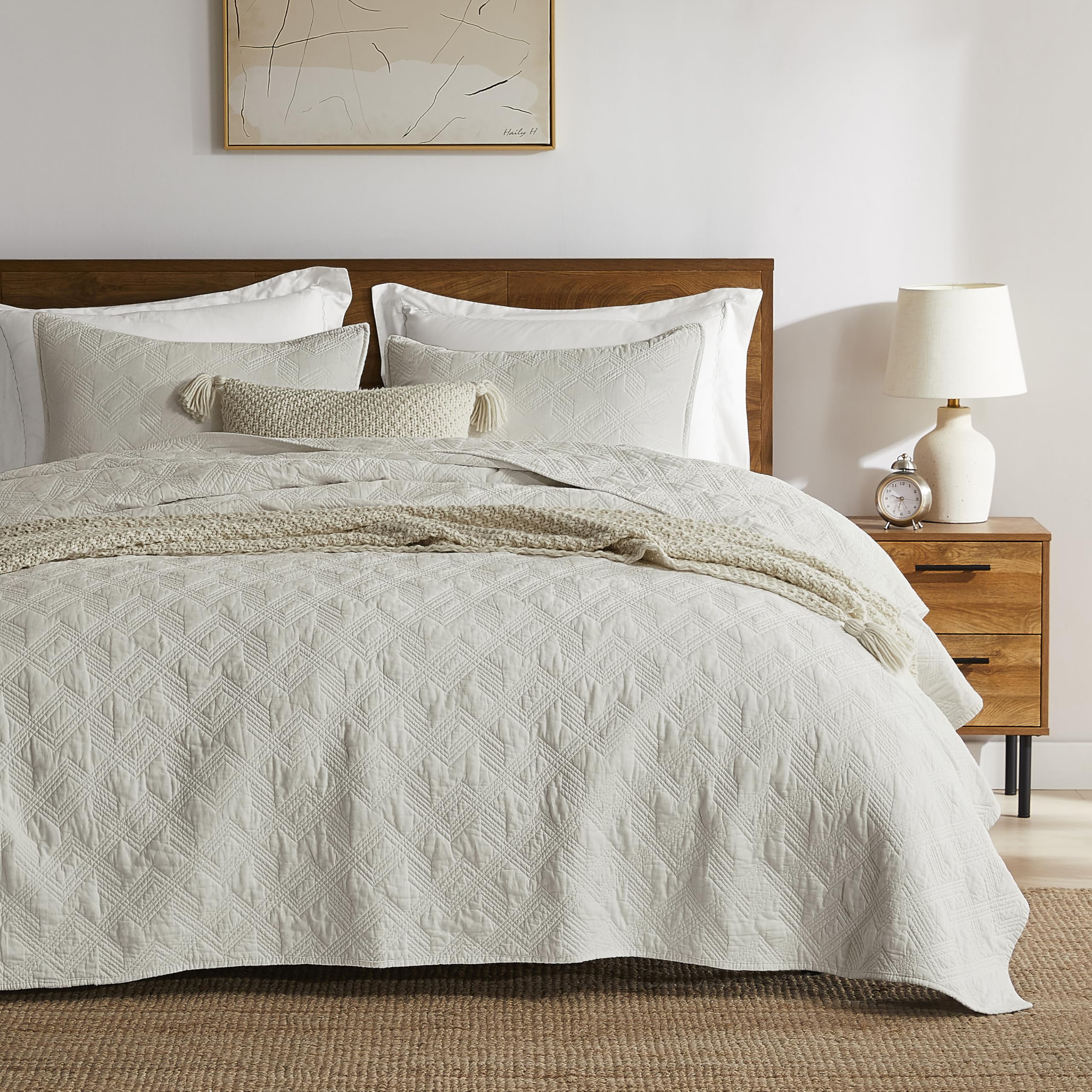 WDCOZY 100% Cotton King Size Quilt Set - Beige Pre-Washed Soft Lightweight Modern Bedspread, Farmhouse Country Rustic Coverlet, Textured Like Linen, Shabby Chic Gauze Bedding, 3 PiecesOEKO-TEX STANDARD 100