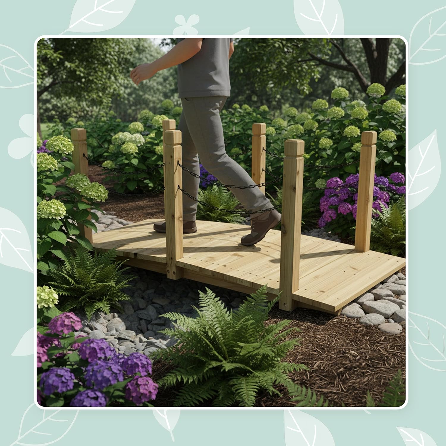 Relaxdays Garden Bridge, posts & chain railing, fir wood, for garden pond, HxWxD: 55 x 150 x 67 cm, choice of colours