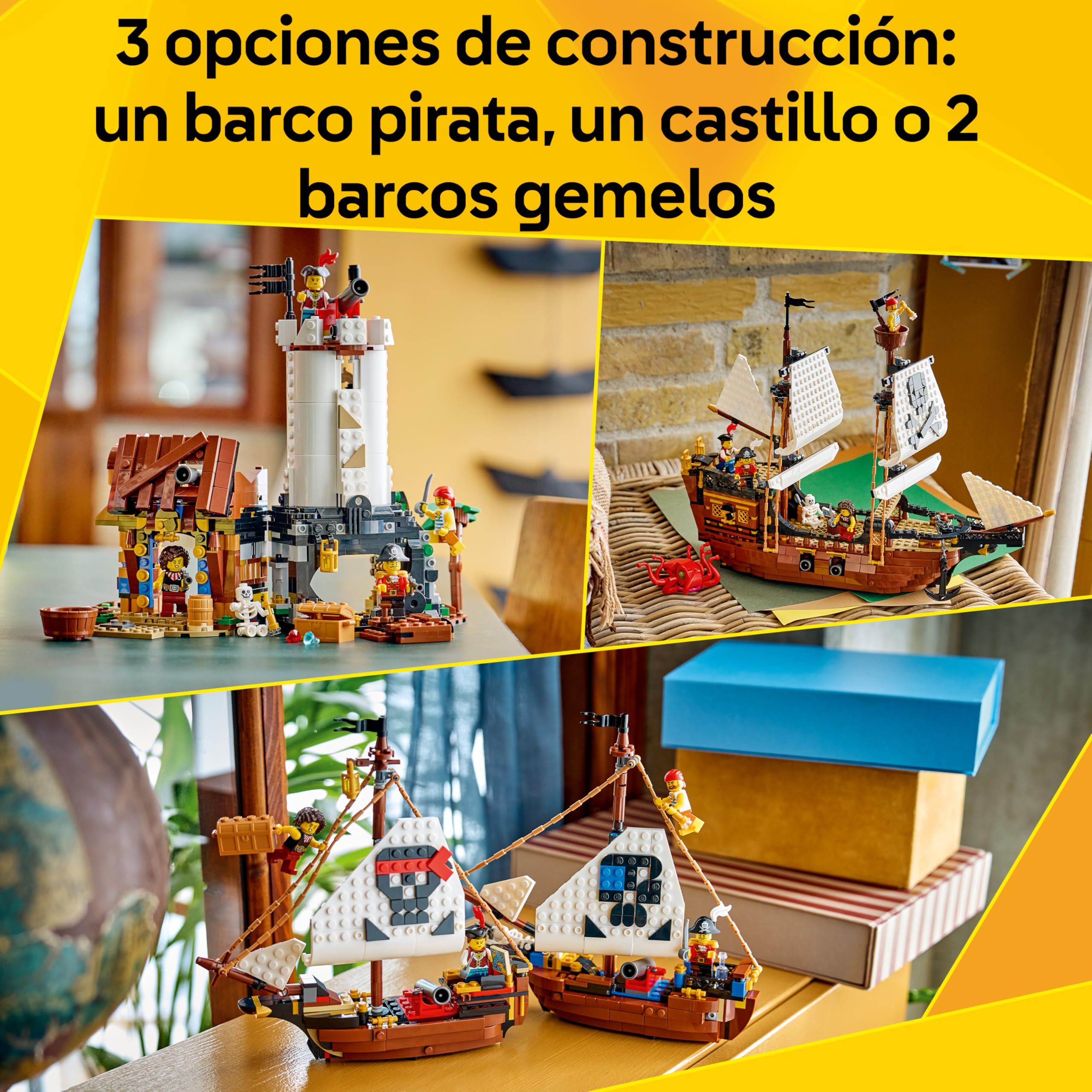 LEGO Creator 3 en 1 Barco Pirata Clásico de Juguete – Maqueta Transformable en Castillo o 2 Barcos Gemelos – Decoración para la Habitación – Regalo de Cumpleaños para Niños y Niñas de 9+ Años – 31387