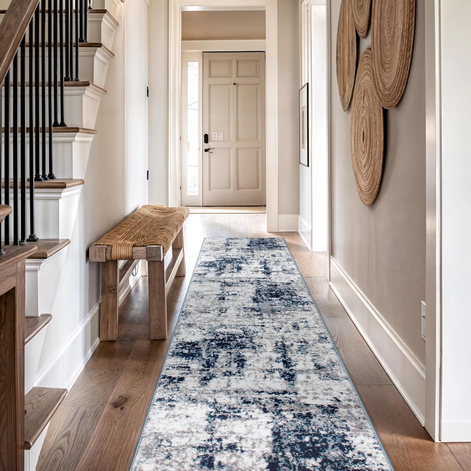 Rugshop Modern Distressed Blue Abstract Runner Rug Bohemian Inspired for Hallway, Entryway and Kitchen 2'7" x 10'