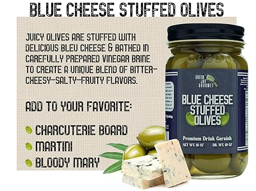 Vista 17 de Green Jay Gourmet Aceitunas rellenas de ajo - Aceitunas verdes rellenas para recetas de guarnición de cóctel y tabla de queso - Aceitunas de Martini