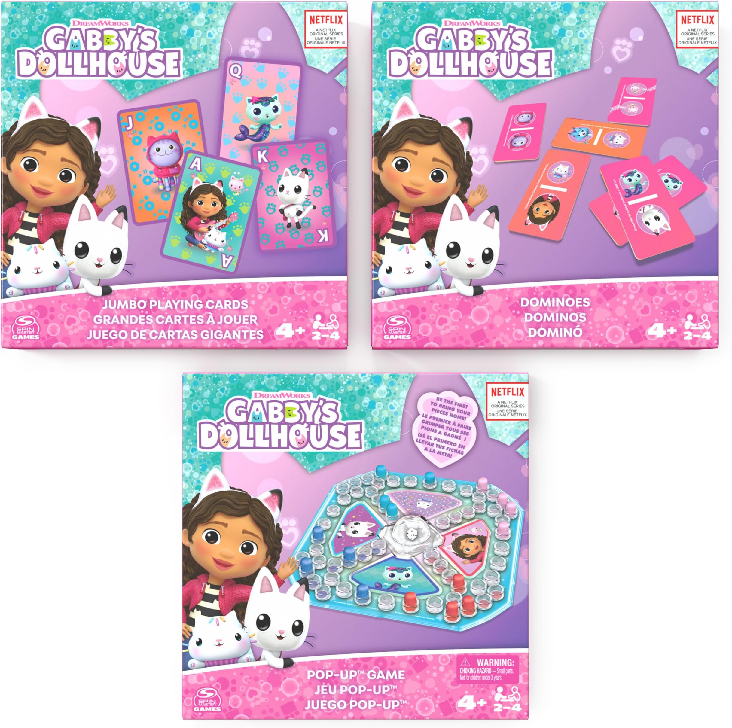 Gabby’s Dollhouse 3 Game Bundle Gift Set, Pop-Up Game Dominoes Jumbo Playing Cards, Gabby’s Dollhouse Toys Kids Games, for Preschoolers Ages 4 and up