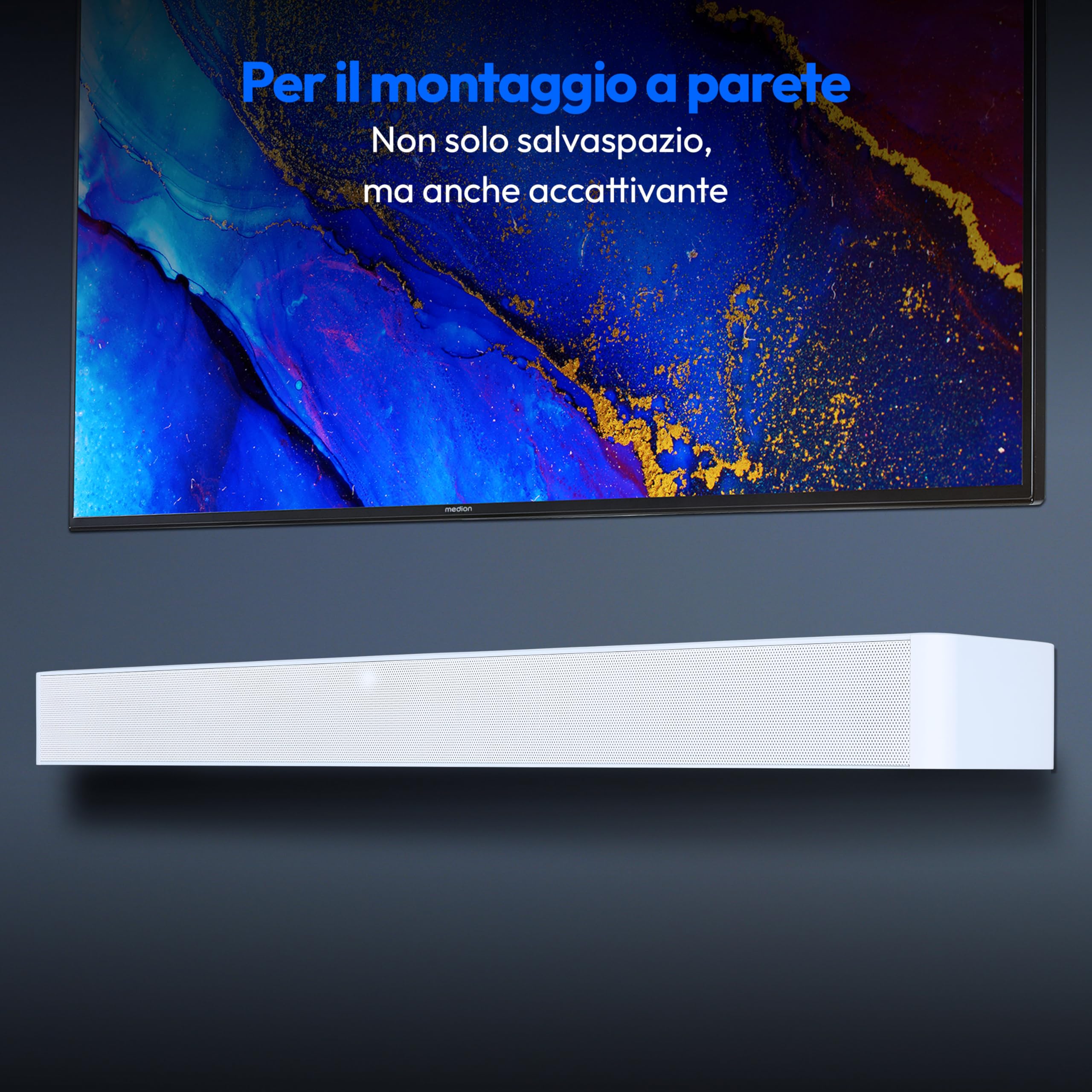 MEDION P61155 2.0 Soundbar con Bluetooth (incl. telecomando, comando touch, HDMI (ARC), AUX, ingresso ottico, 2 x 30 W RMS) bianco