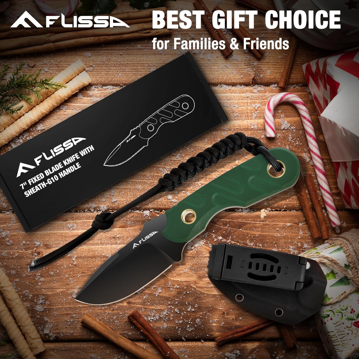 FLISSA Fixed Blade Knife, 7 Inch Full Tang Hunting Knife with G10 Handle, Kydex Sheath and Emergency Rope for Tactical, Survival, Camping, Hiking(Green) (Pack of 2)