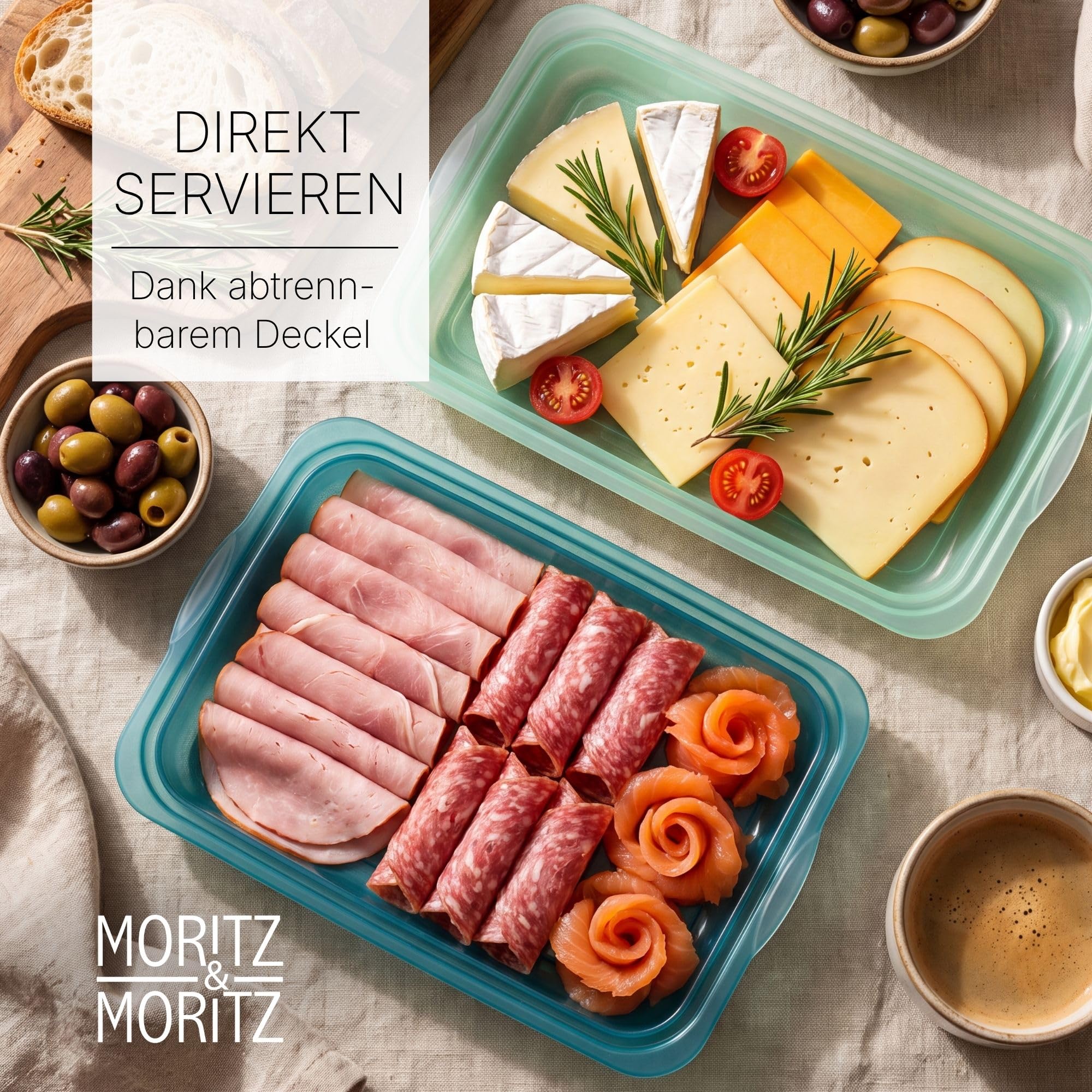 Moritz & Moritz 2er Set Aufschnittbox stapelbar Türkis – Frischhaltedosen mit Deckel zur Aufbewahrung von Wurst, Käse uvm. – lebensmittelecht, spülmaschinengeeignet Küche, Haushalt & Wohnen
