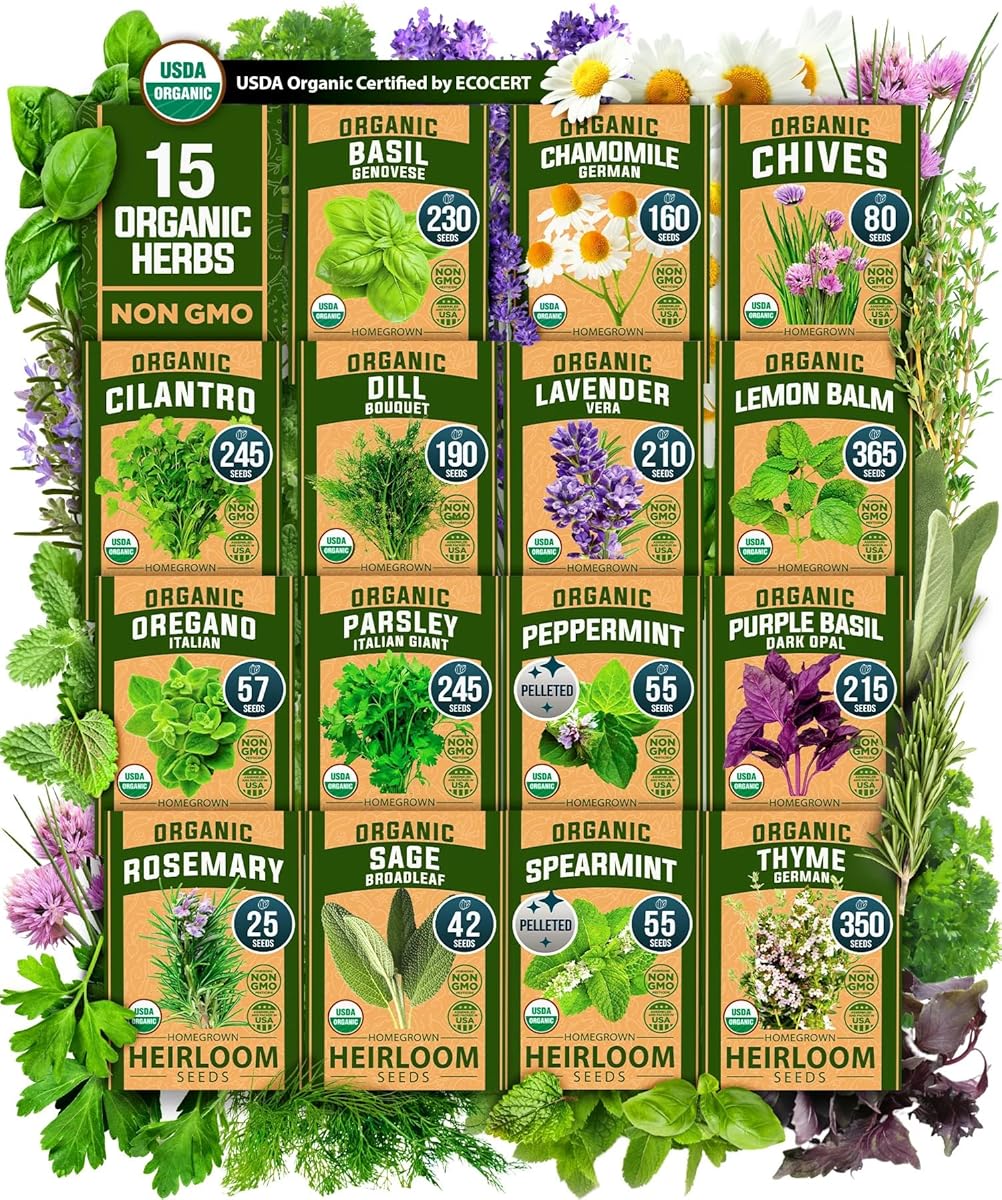 HOME GROWN Certified Organic Herb Seeds 15-Pack Non GMO, Heirloom 2,500+ Non GMO High-Germinating Heirloom Seeds for Planting Indoor Outdoor Herb Garden Hydroponics Garden Seeds, Basil Cilantro & More