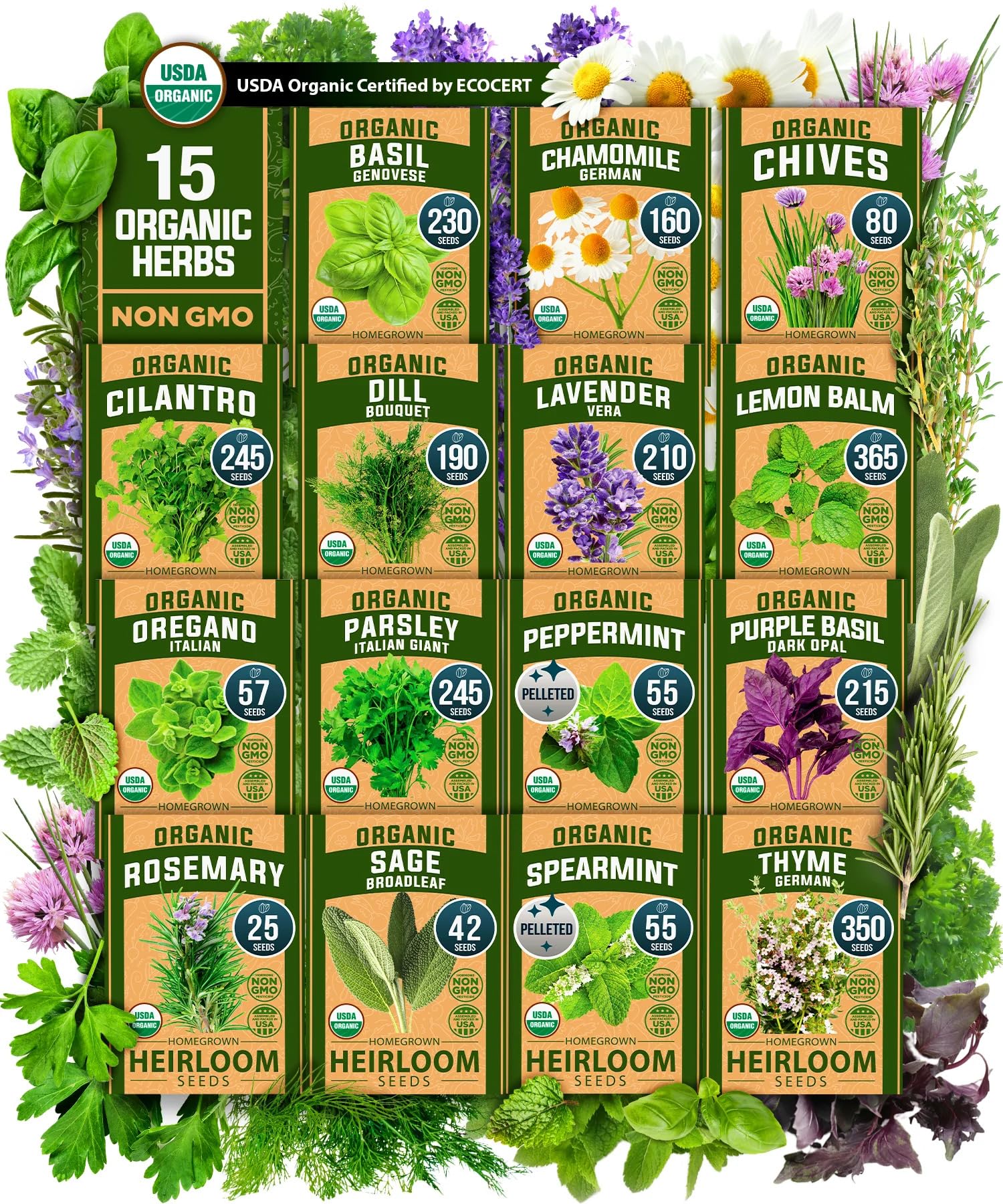 HOME GROWN 𝗢𝗥𝗚𝗔𝗡𝗜𝗖 15 Herb Seeds Variety Pack 2,500+ 𝗡𝗢𝗡-𝗚𝗠𝗢 𝗨𝗦𝗔 High-Germinating Heirloom Seeds for Planting Indoor Outdoor Herb Garden Hydroponics Garden Seeds, Basil Cilantro & More