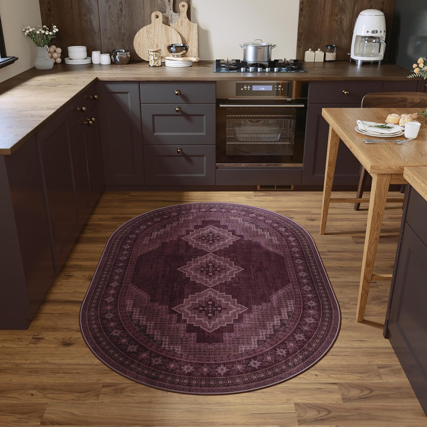 4x6 Oval Rug - Washable Ultra-Thin Living Room Rug Vintage Non-Slip Carpets - Soft & Stain Resistant Rug for Kitchen Bedroom Dining Room Living Room Red Burgundy