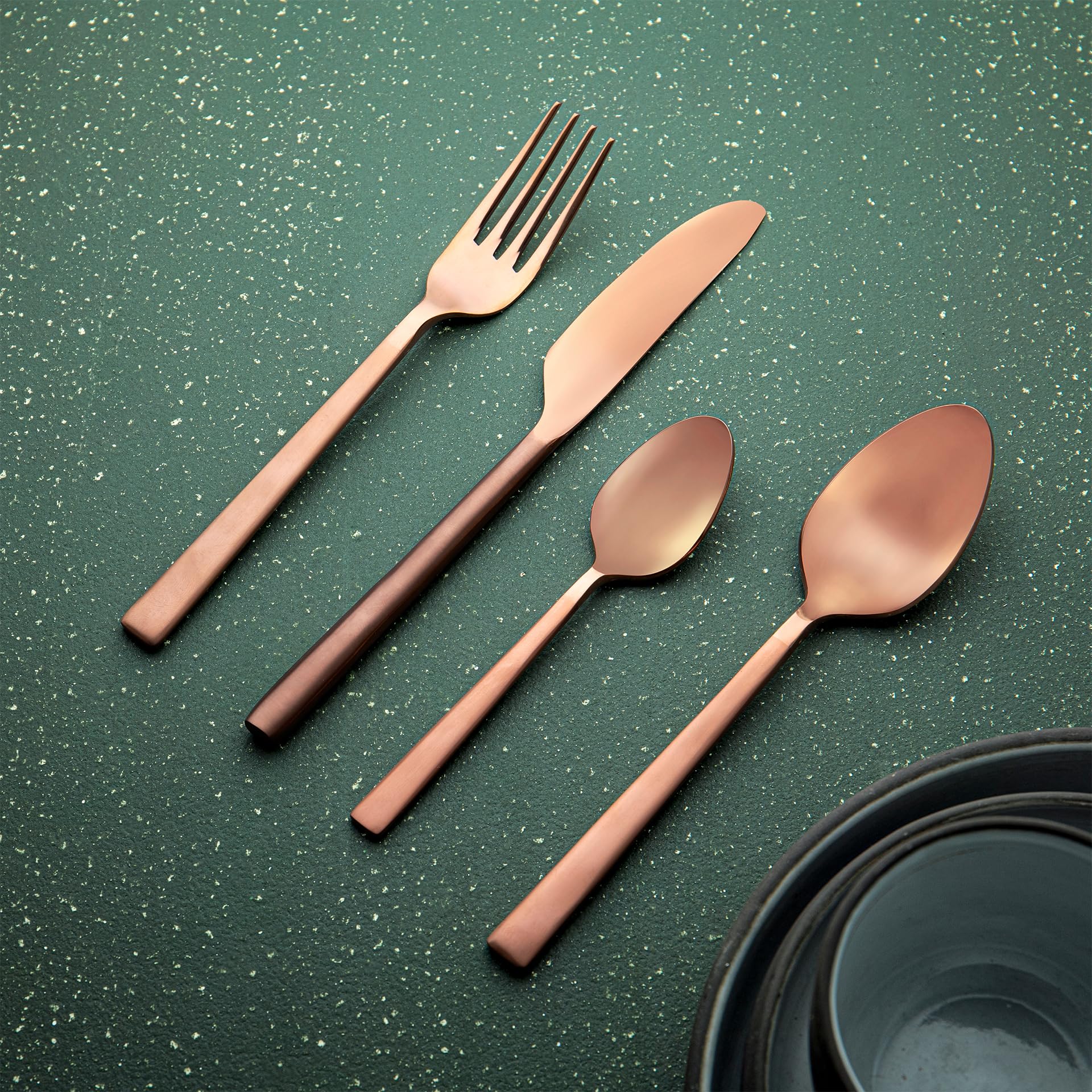 Ellementry Enigma Rose Gold Cutlery Set of 4, Premium Stainless Steel Fork and Knife Dining Set, Gold-Plated Spoon, Dishwasher Safe, Luxury Flatware for Home and Kitchen