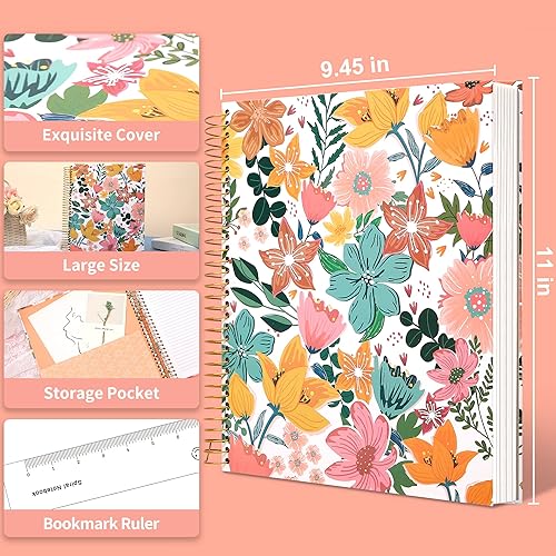 Miniatura 6 de CAGIE Cuaderno de espiral de tapa dura para mujer, 200 páginas, diario encuadernado en espiral floral con bolsillos grandes, libro de notas para