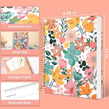 CAGIE Hardcover Spiral Notebook College Ruled Aesthetic Spiral Notebook Journal with Large Pockets Note Book for Note Taking Work Women Writing, 8.5 x 11