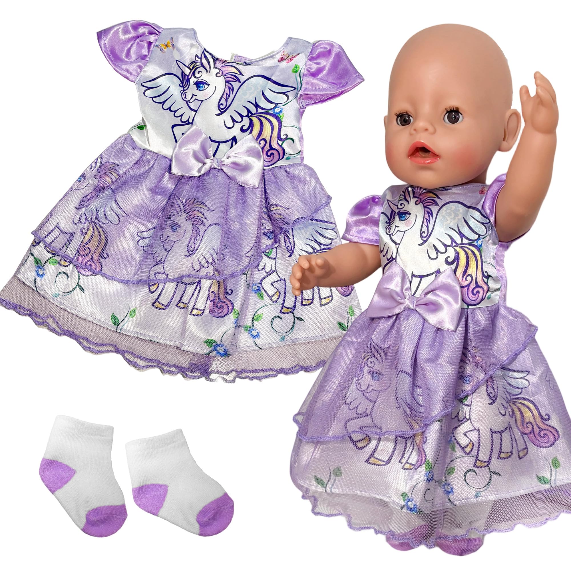 Baby Doll Clothes Dress 35-43 cm, Sweet Cute Doll Clothes Tulle Skirt with lovely Horse Flower Print Bow 43 cm Doll Accessories Floral Dress Kids Birthday Gifts