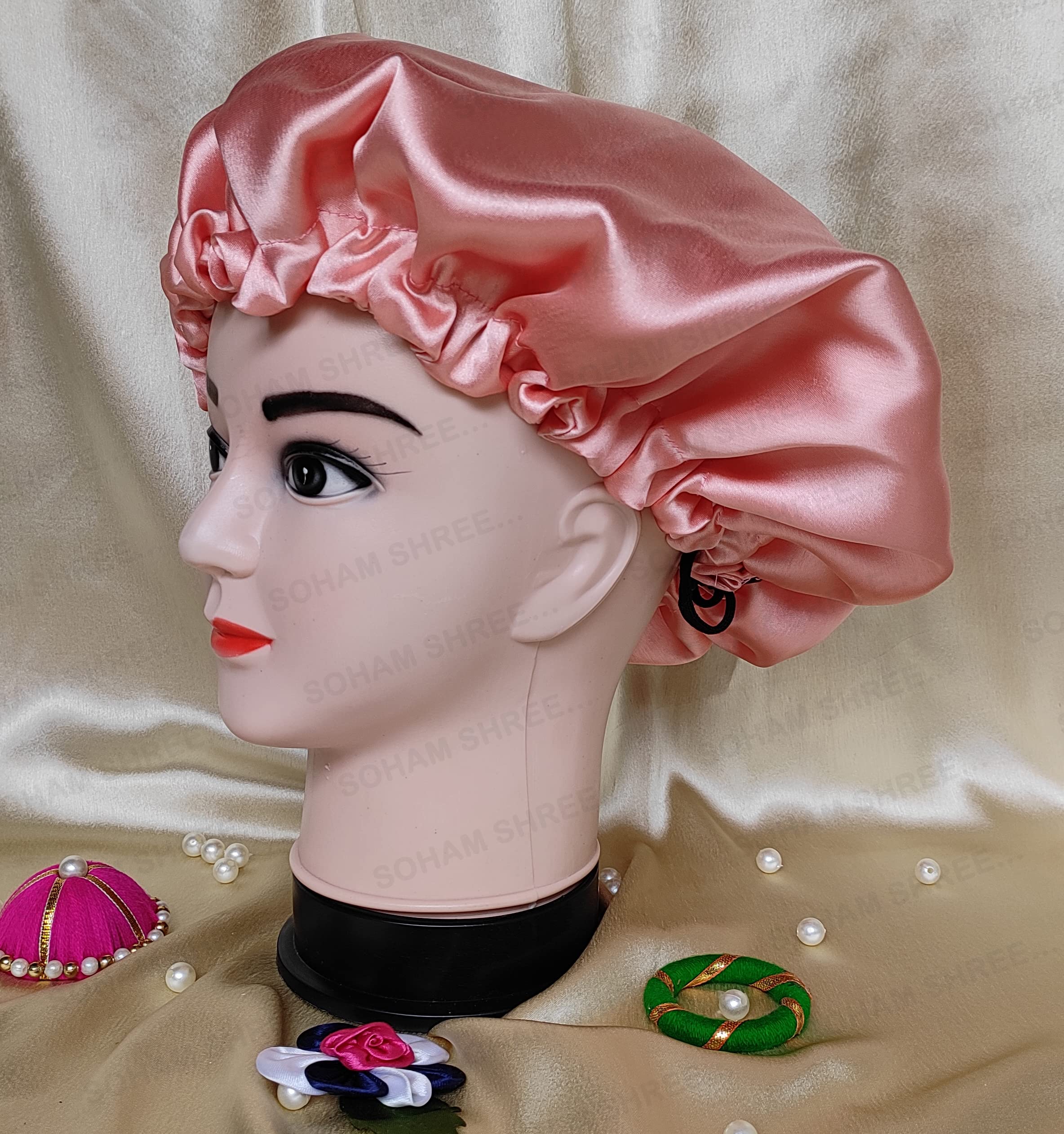 SOHAM SHREE ᵀᴹ Handmade Pure Satin Fully Reversible Luxuries Hair Bonnet satin sleepcap | Adjustable Sleep Cap for Women Girls|Reversible Double Layer Large Sleep Cap (PEACH) 1