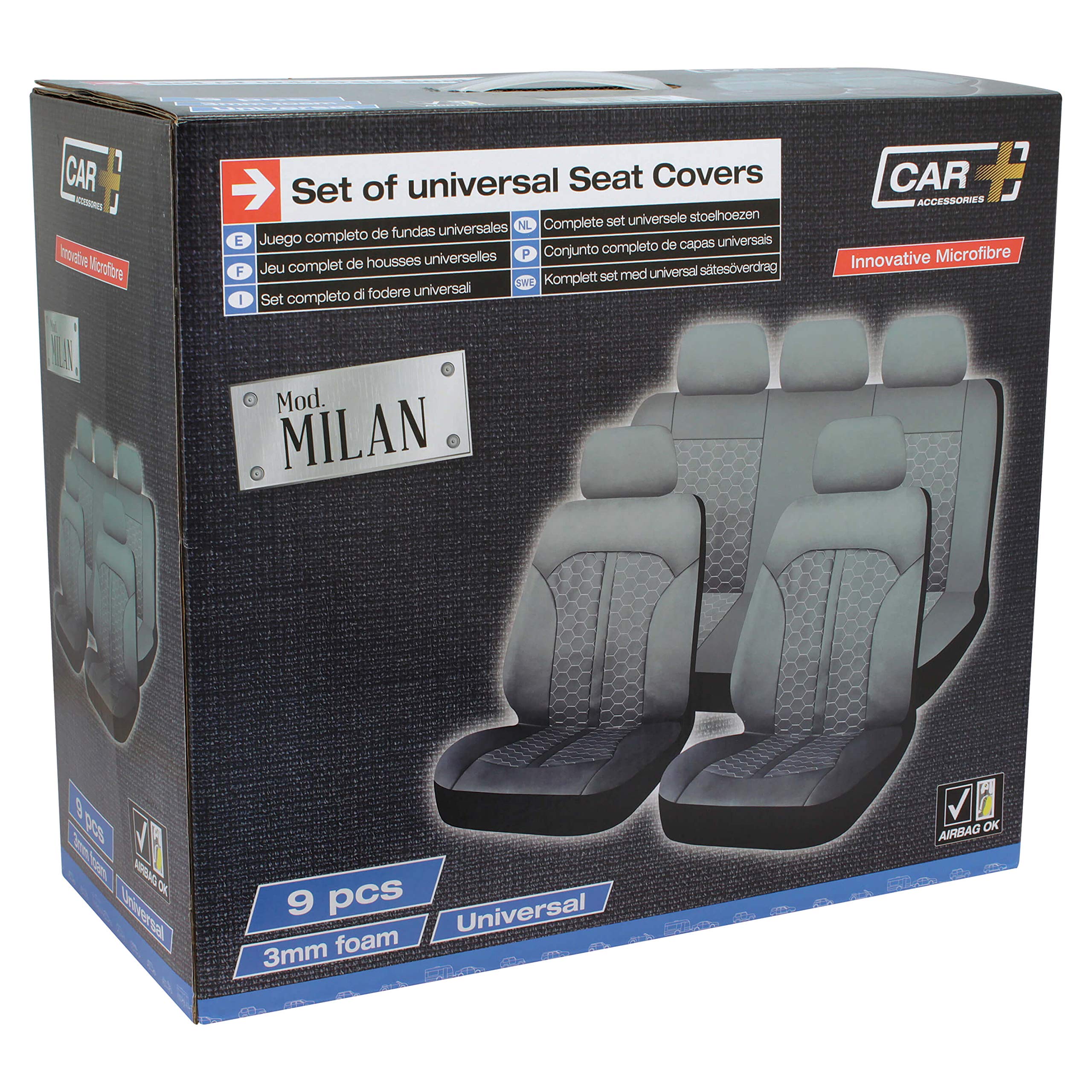 CAR+ SCM009G pokrowce na siedzenia, Milan, 9 sztuk, czarne