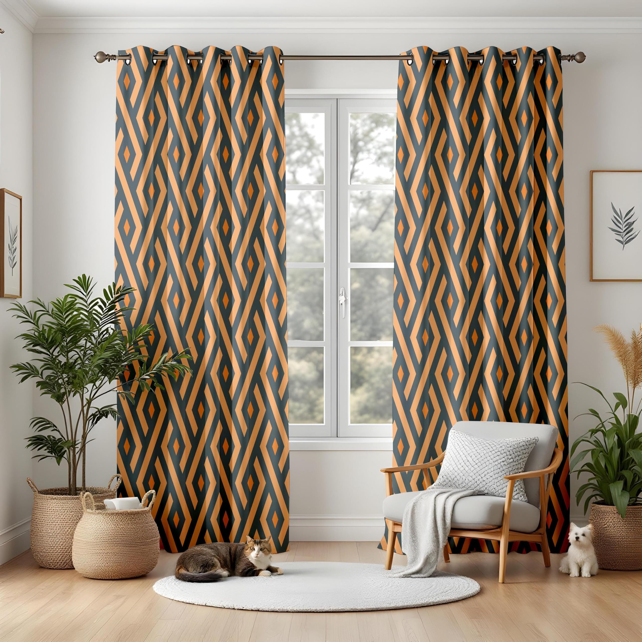 Rideaux occultants géométriques Art Déco, Motifs Audacieux Orange et Noir à Losanges, Panneaux de fenêtre à Motif Abstrait pour Une décoration intérieure Moderne (L x H / 2 x 200 x 265 cm)