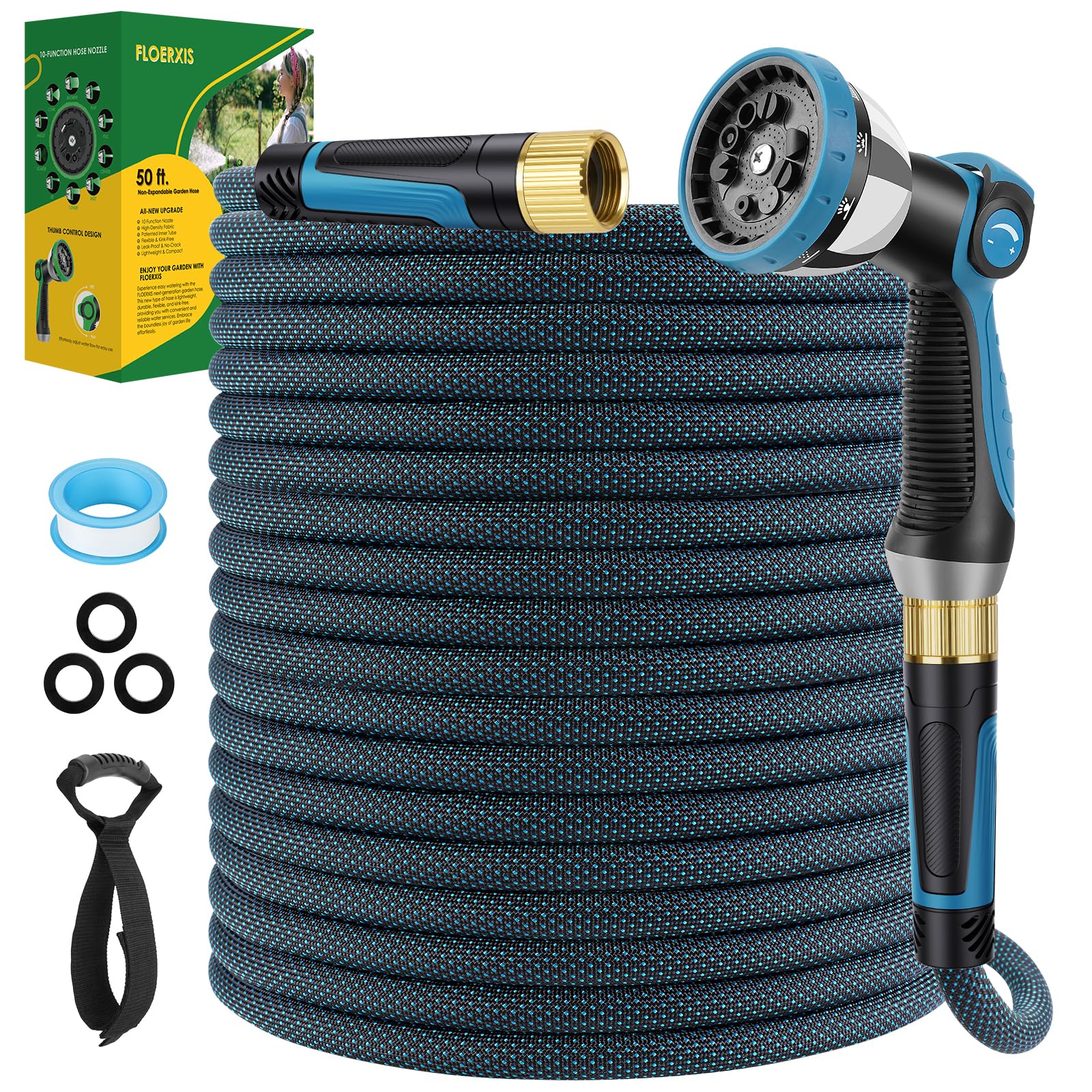 FLOERXIS Non-Expandable Garden Hose 50 FT, Lightweight Hose with 10 Function Spray Nozzle, Kink-Free Flexible Water Hose, Durable, Leak-Proof, 360° Swivel Connectors, Portable Storage Strap — view 19