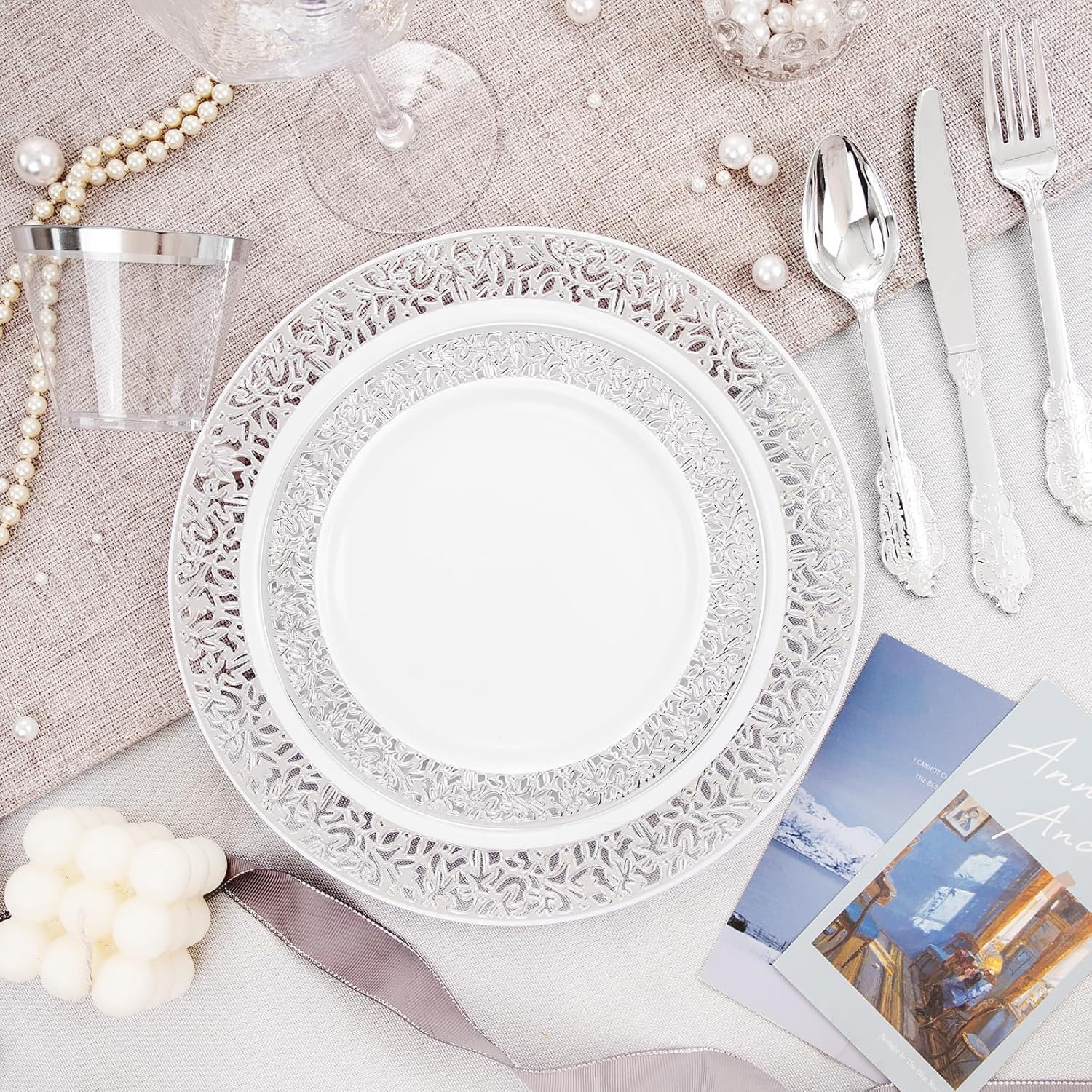 DaYammi 210PCS Silver Plastic Dinnerware Set, Fancy Disposable Plates, Includes: 30 Dinner Plates, 30 Salad Plates, 30 Cups 9 OZ and 30 Pre Rolled Napkins with Cutlery Heavy Duty for Wedding and Party