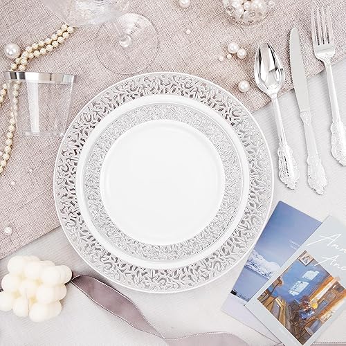 Miniatura 6 de DaYammi Juego de vajilla de plástico plateado de 210 piezas, platos desechables de lujo, incluye 30 platos llanos, 30 platos de ensalada, 30 tazas