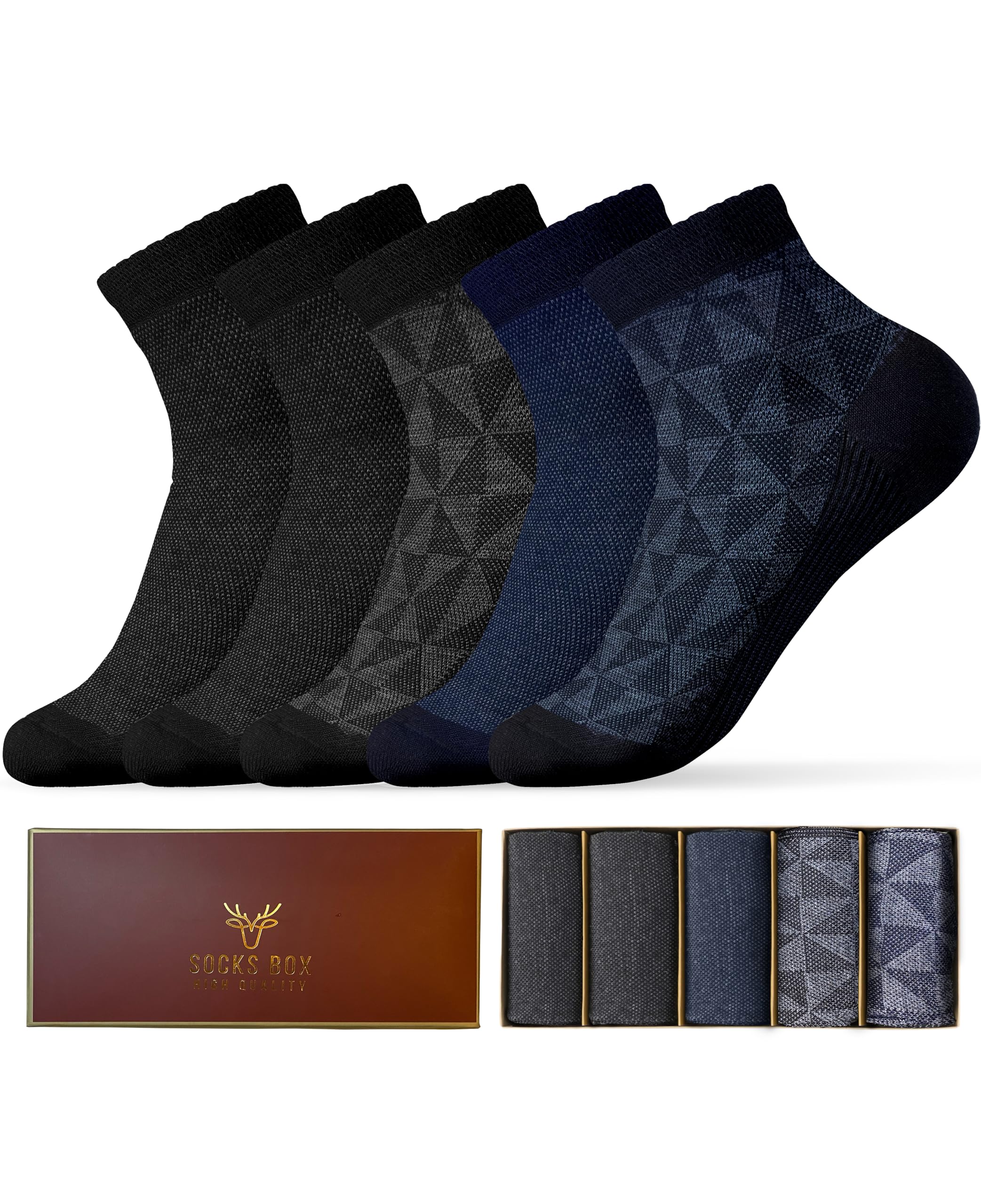 Mens Ankle Socks, Premium Quality Bamboo Rayon Ankle Socks, Patterned, 5 Pairs, Gift Box, Size 8-14