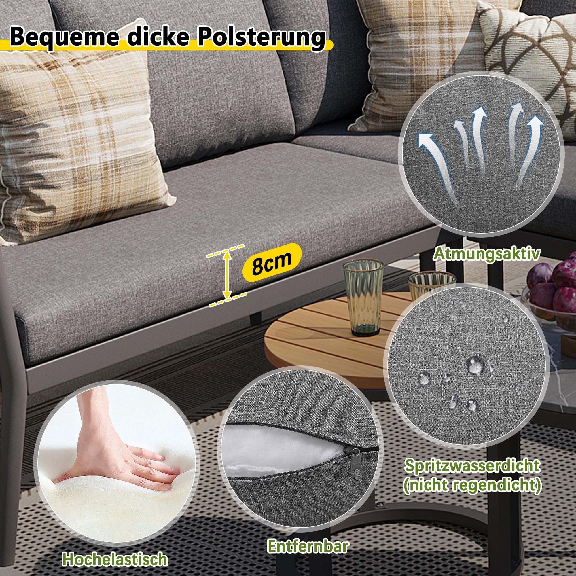 Set da giardino modulare 6 pezzi divano con panca impermeabile cuscini grigio 5-6 persone