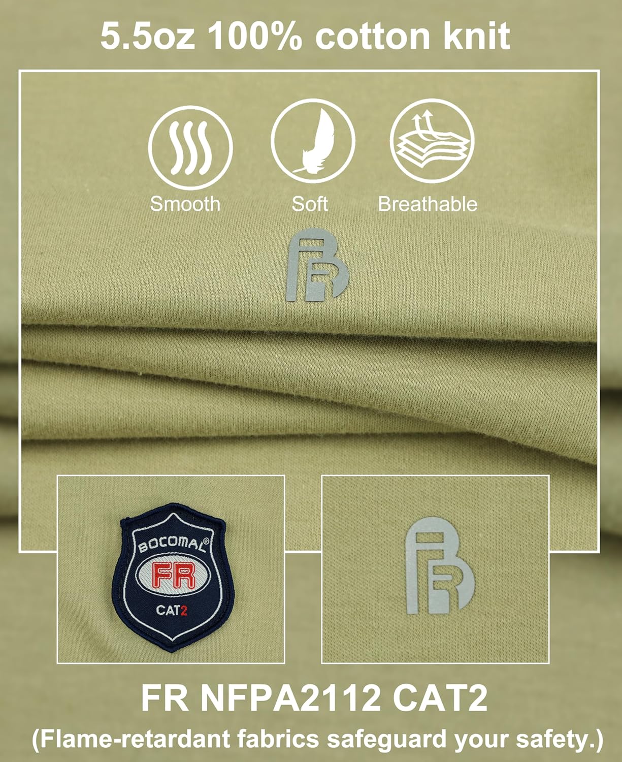 BOCOMAL Men's FR Shirts Long Sleeve Crewneck Fire Resistant 5.5oz Lightweight Cotton Work T Shirt CAT2
