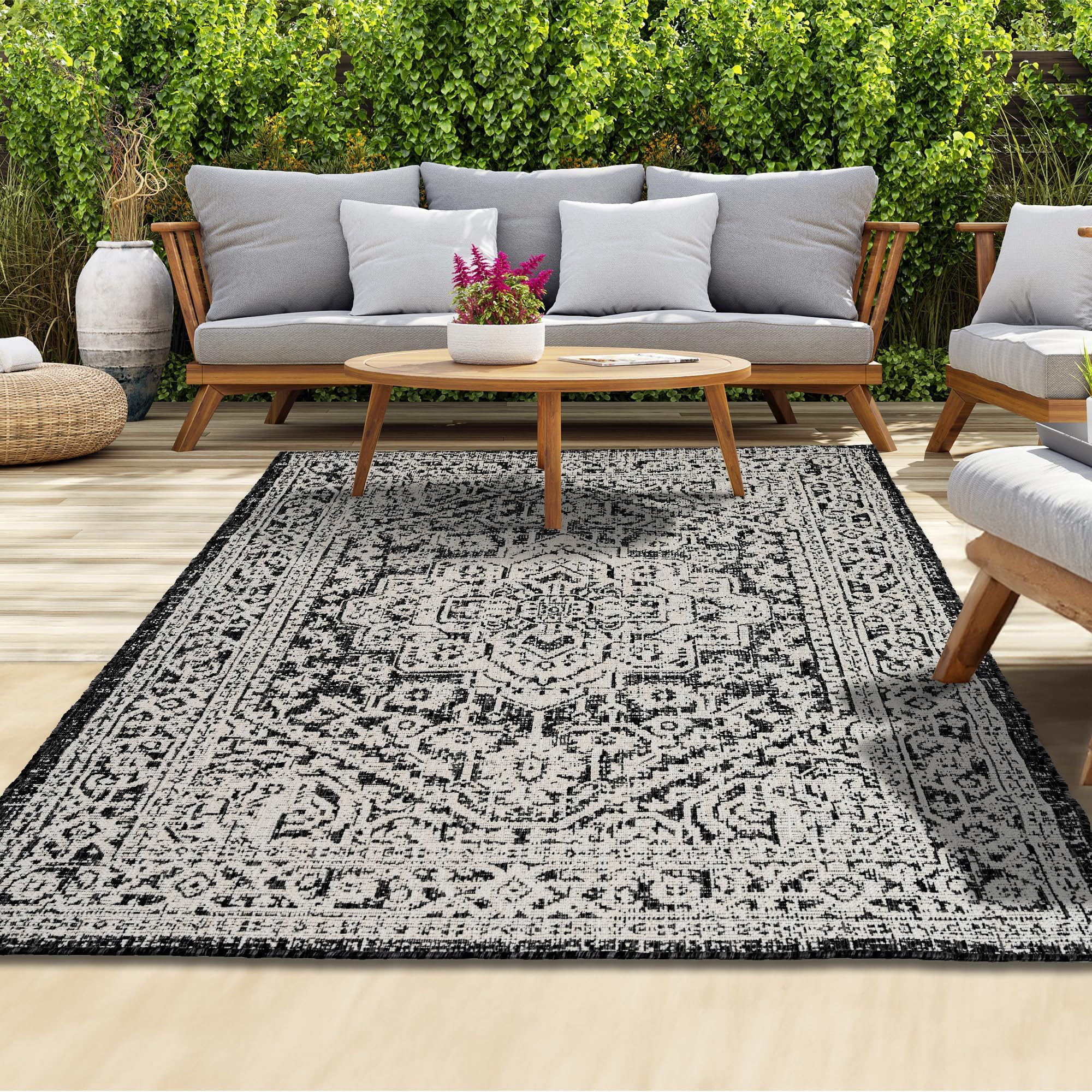 homeart Outdoor Rug - Easy-Clean, Durable, Stain-Resistant, Weather & UV Resistant Indoor & Outdoor Rugs for Porch, Deck, Balcony, Garden, Picnic and Patio | Medallion Black, Cream - 80x150cm