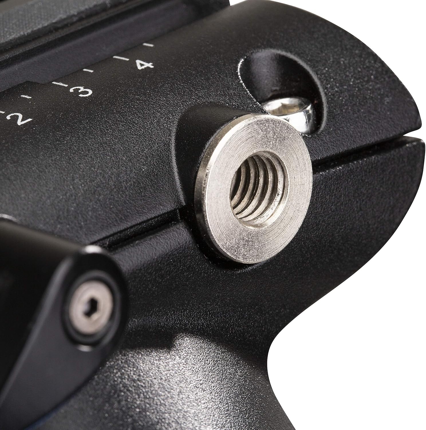 Close-up of a 3/8 inch-16 accessory mount on the Benro S8PRO Fluid Video Head.