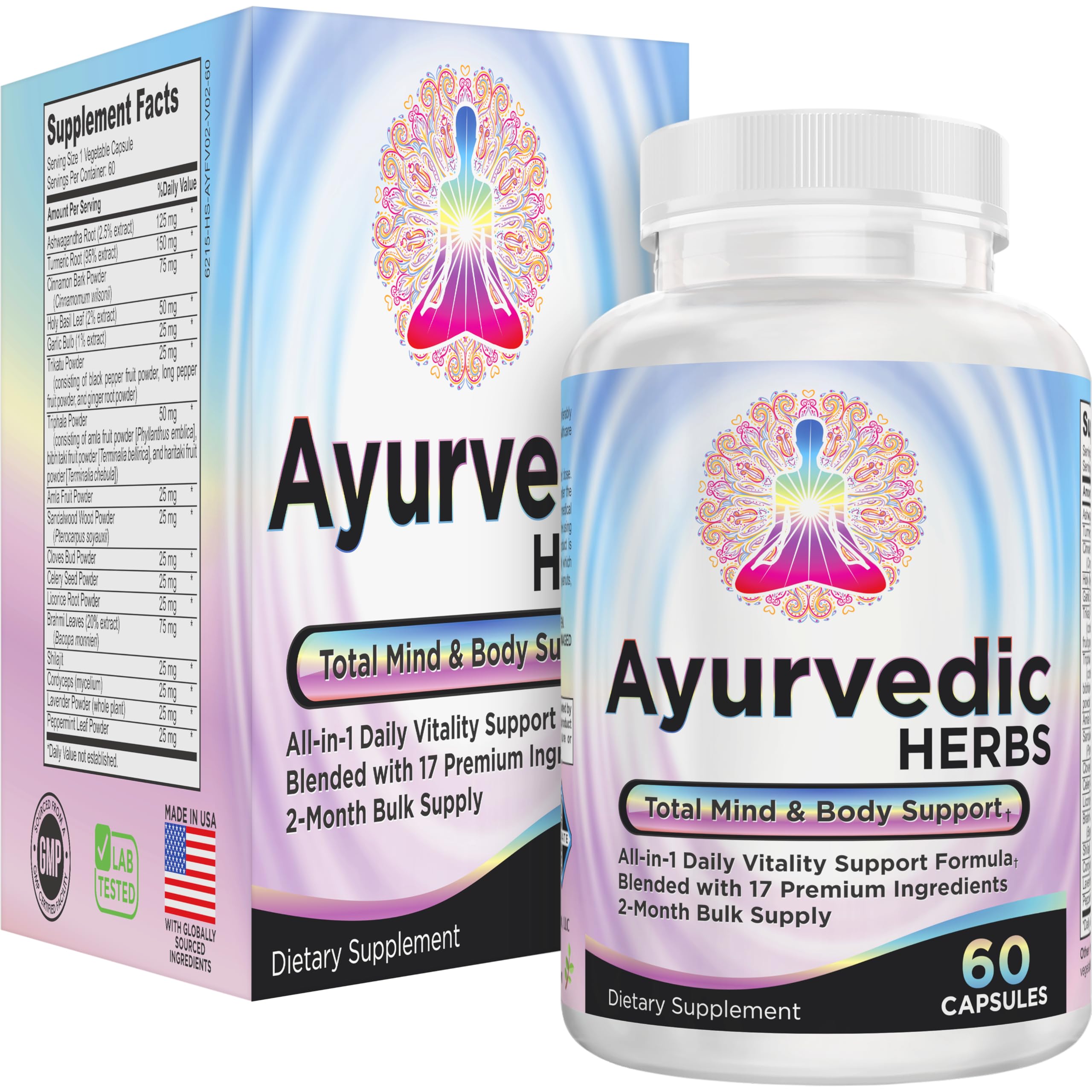 AYURVEDIC Herbs 2-Month Supply (All-in-1) Supplement Blend | Ayurveda Mind Body Spirit Herbal Complex with 17 Active Ingredients | Ayurvedic Supplements | 60 Capsules