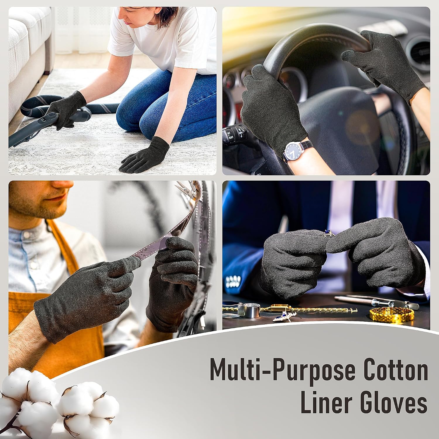 COOLJOB 100% Cotton Gloves, 6 Pairs Black Cotton Gloves for Dry Hands Moisturizing & Eczema, Overnight Lotion, Sleep & Spa Treatment for Women & Men, Breathable Work Glove Liners, Small Size