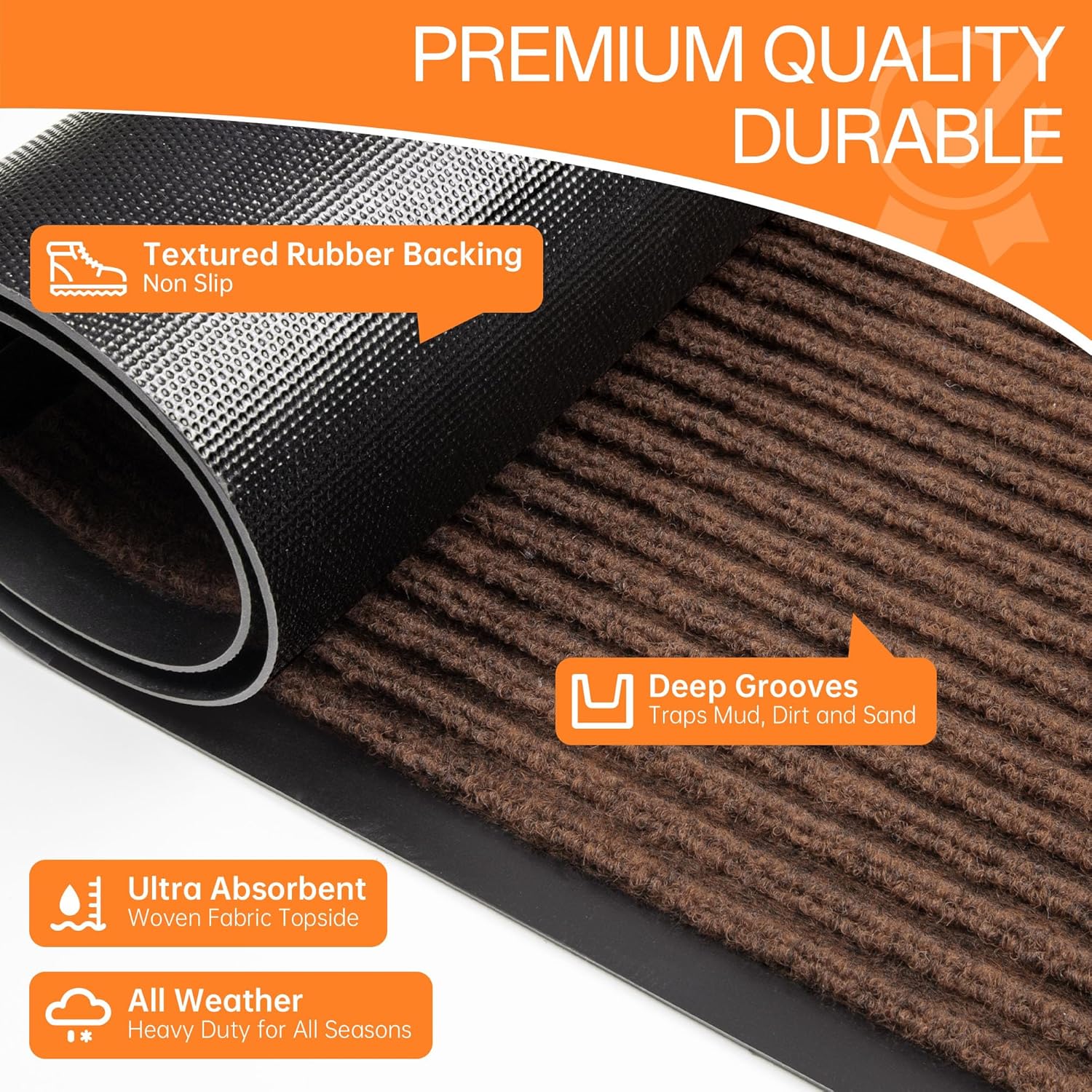Indoor Outdoor Door Mat, 10' x 3' Doormat for Entryway, Rubber Backing Non Slip Front Door Mat Outside Entrance, Super Absorbent Commercial Floor Mat for Home Office, Brown