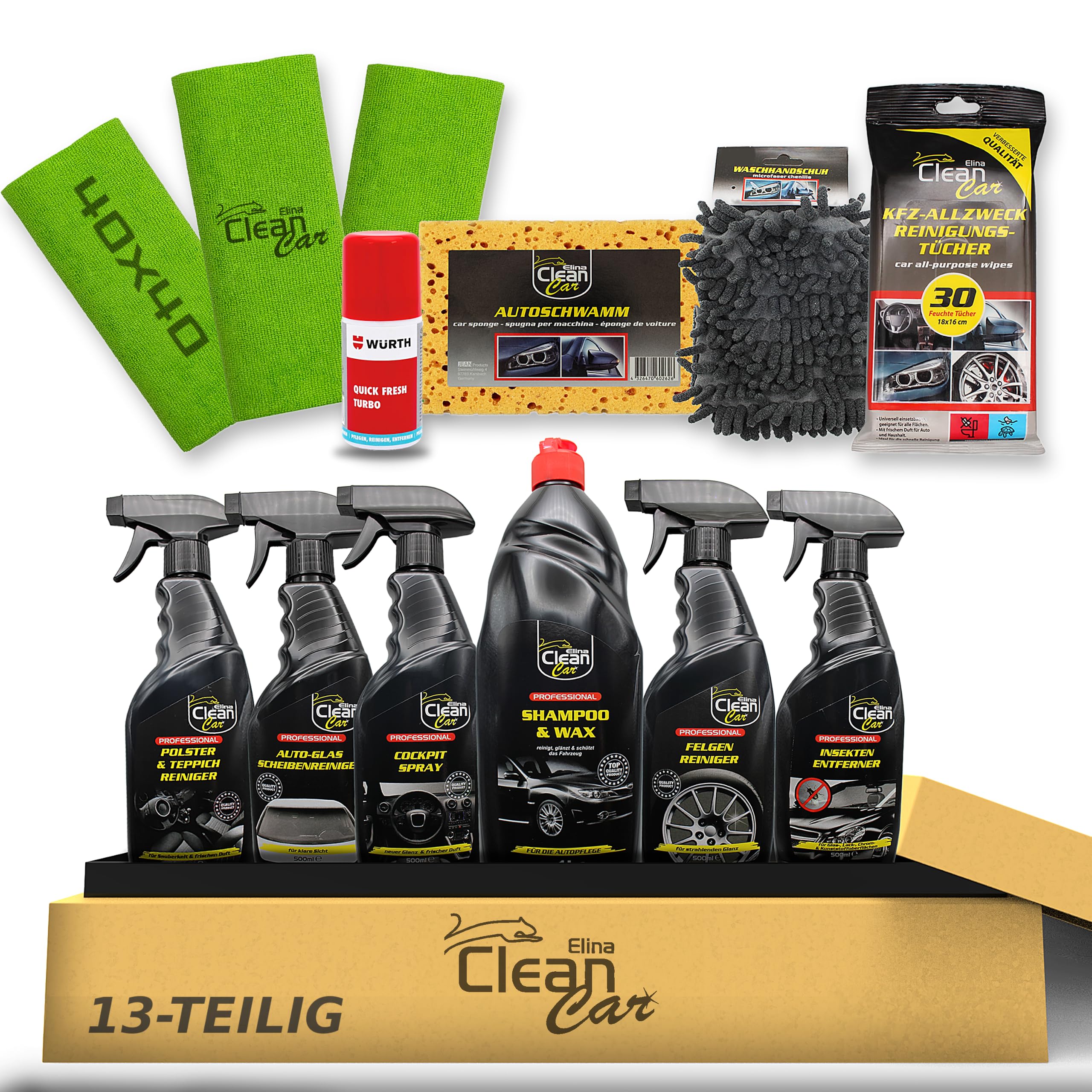 Auto Reinigungsset - und Pflegeset 13-teilig – Komplettset für Innen- & Außenpflege – Felgenreiniger, Insektenentferner, Cockpitpflege, Wash & Wax, Scheiben- & Polsterreiniger mit Zubehör