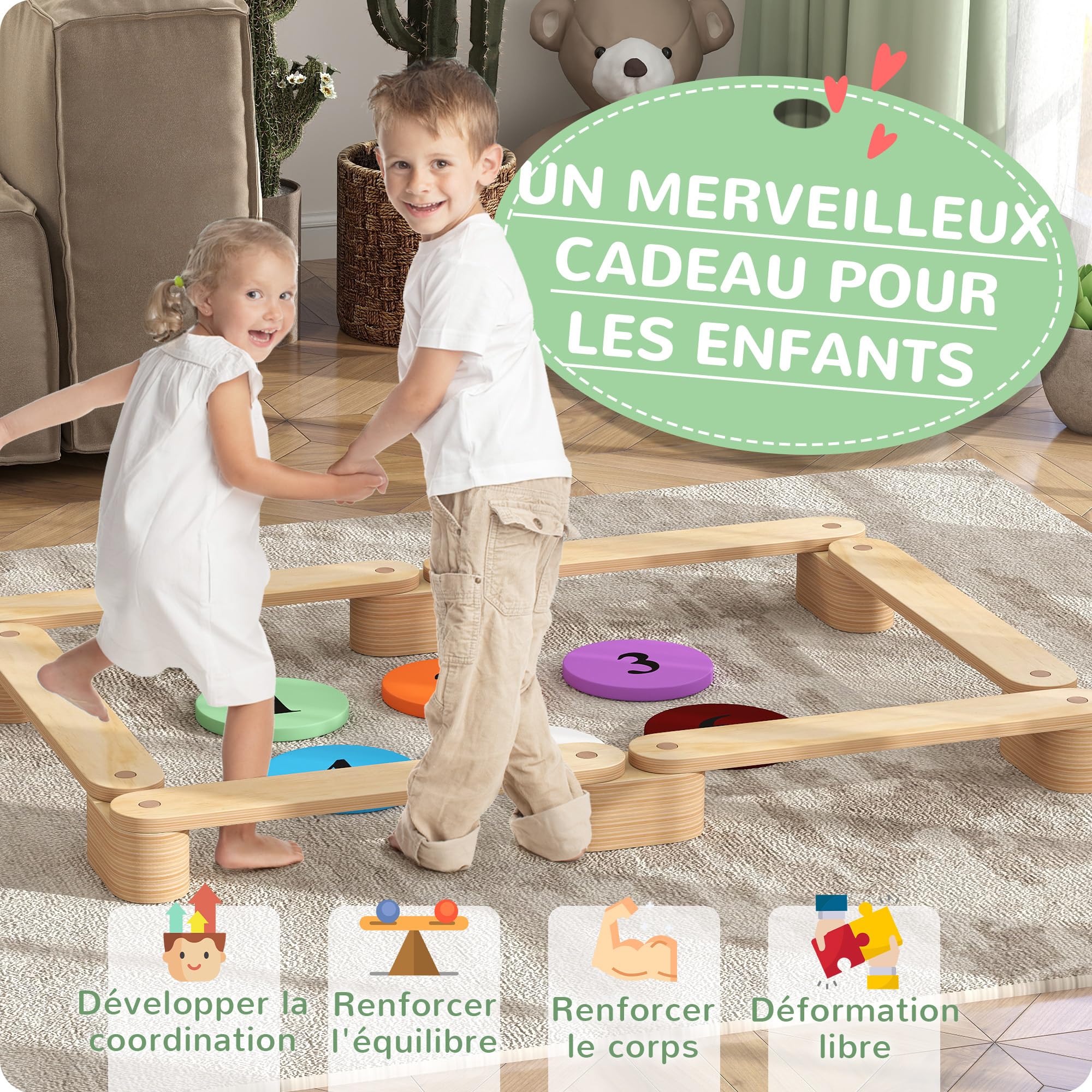 AIYAPLAY Poutre d'Équilibre pour Enfants, Modulable, Bois Massif de Pin, Parcours de Motricité, 6 Pièces pour Intérieur et Extérieur, Jouet Montessori d'Entraînement d'Équilibre, Charge 50 kg, Naturel