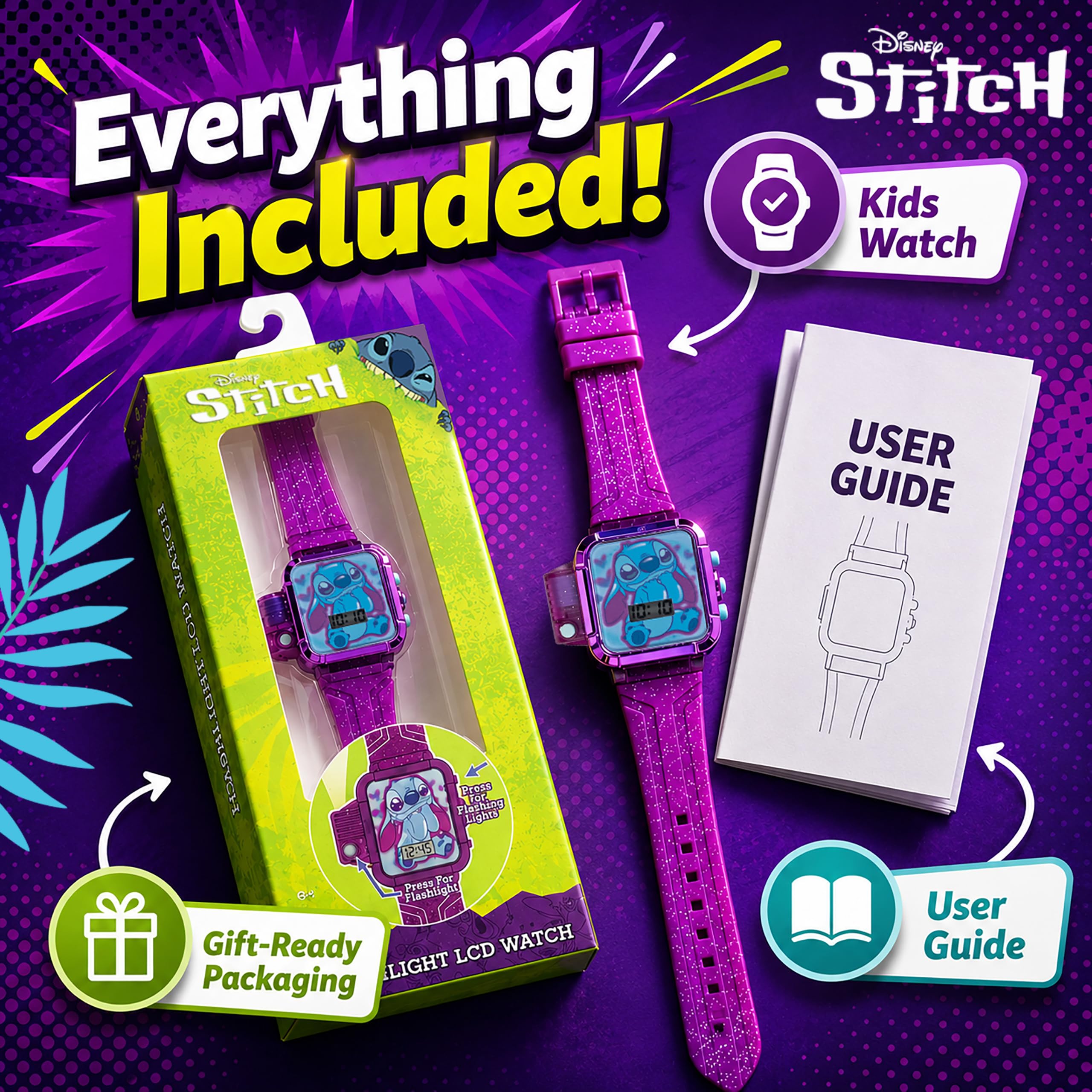 Disney Stitch - Orologio LCD per bambini con luce LED, torcia e cinturino | Display a LED luminoso, cinturino con caratteri stampati, design resistente all'acqua e vestibilità regolabile per polsi da