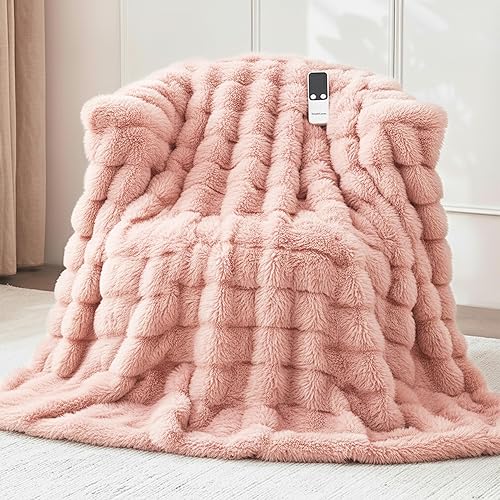 Heated Blanket Throw 50''x60'', Fast Heating Electric Blanket Ultra-Soft Faux Rabbit Fur with 5 Heat Levels & 5H Auto Shut-Off, Overheat Protection, Machine Washable - Pink - 50''*60''
