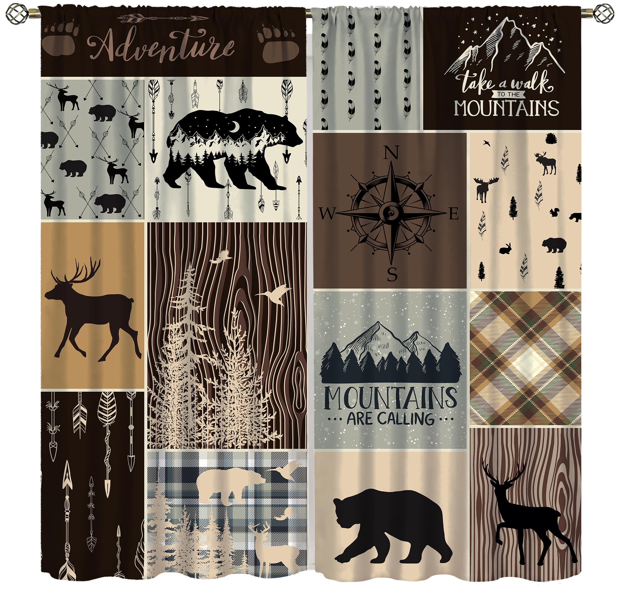 Llylumty Rustic Cabin Curtains,Wildlife Curtains for Cabin Country Farmhouse Patchwork Wild Moose Bear Rod Pocket Blackout Window Drapes 21x45in,2 Panel Set
