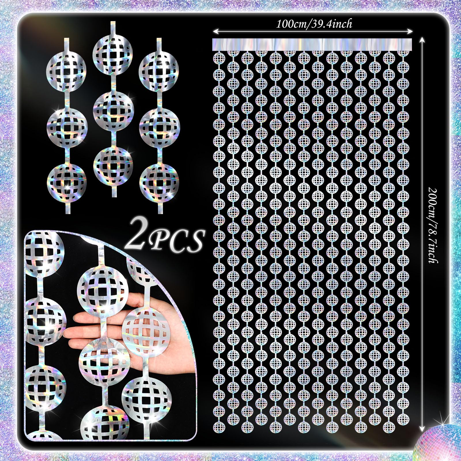 Blosssound 2 PCS Disco Ball Backdrop 70s Disco Party Decorations Disco Foil Fringe Curtains Disco Party Banner Photo Props for Birthday Bachelorette Disco Party Decor,3.3 x 6.6 ft(Iridescent)