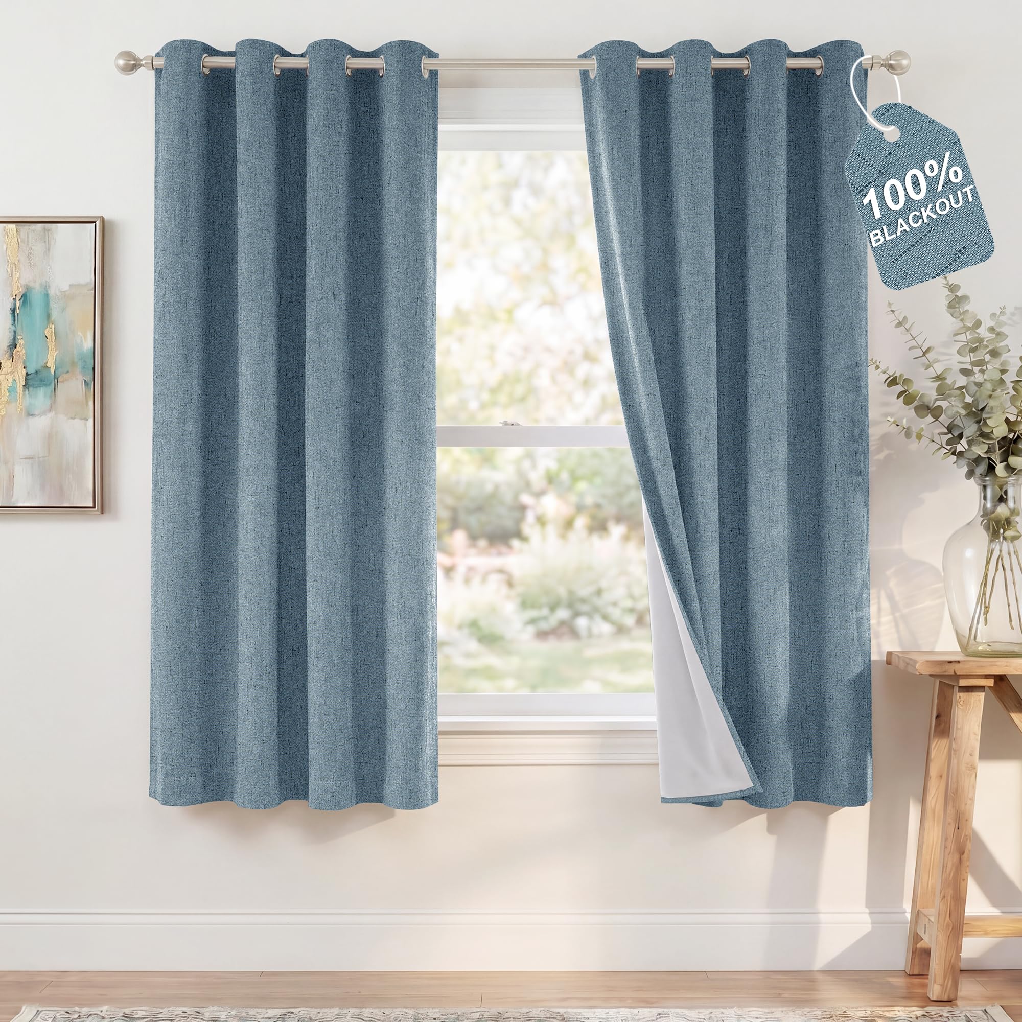 NICETOWN 100% Blackout Linen Grey Curtains 63 inches Long x W52