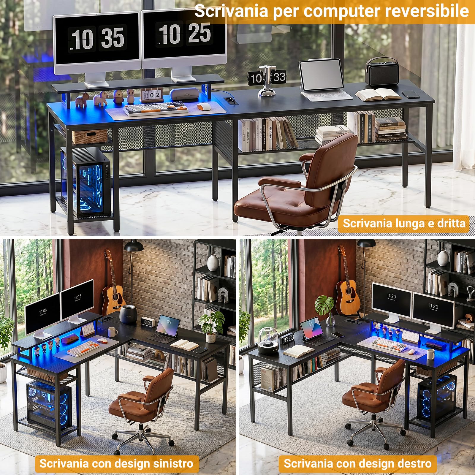 Homieasy Scrivania Angolare Gaming 141x118cm Reversibile LED e Prese | Supporto per Monitor, Ripiani a Griglia in Metallo, Trasformabile in 210 cm