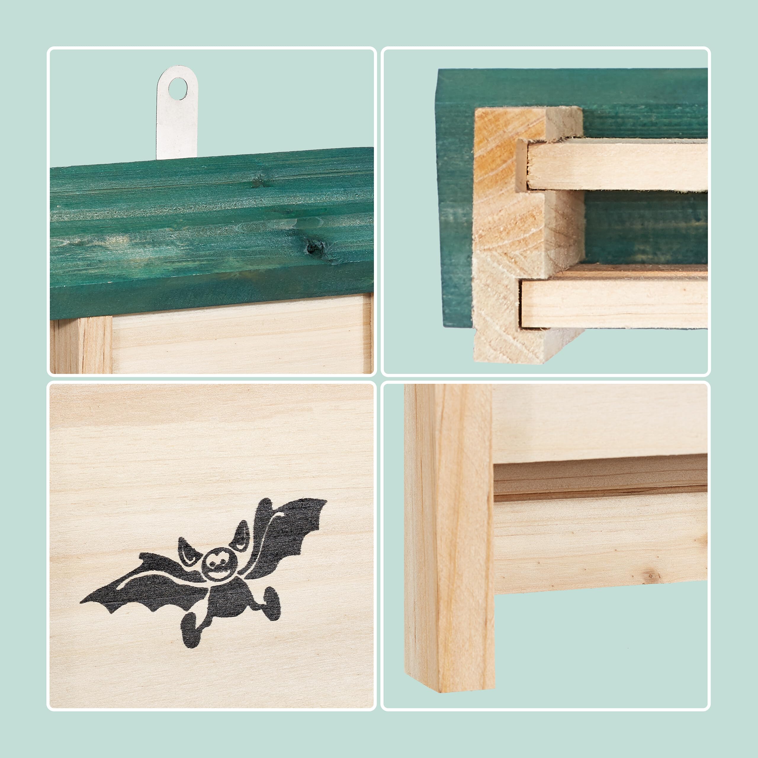 Relaxdays Set de 4 Cajas para murciélagos de Madera sin Tratar, 25x18x6 cm, Natural y Verde