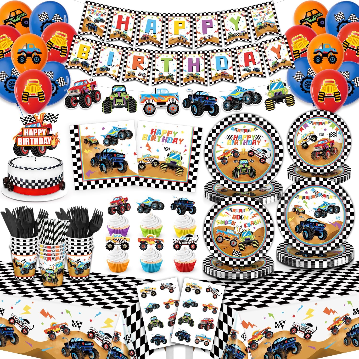 245 Pcs Monster Truck Birthday Decorations for 24 Guests with Temporary Tattoos, Hand-Drawn Monster Truck Party Supplies Set with Balloons, Banner, Plates, Cups & Napkins for Boys Birthday Party