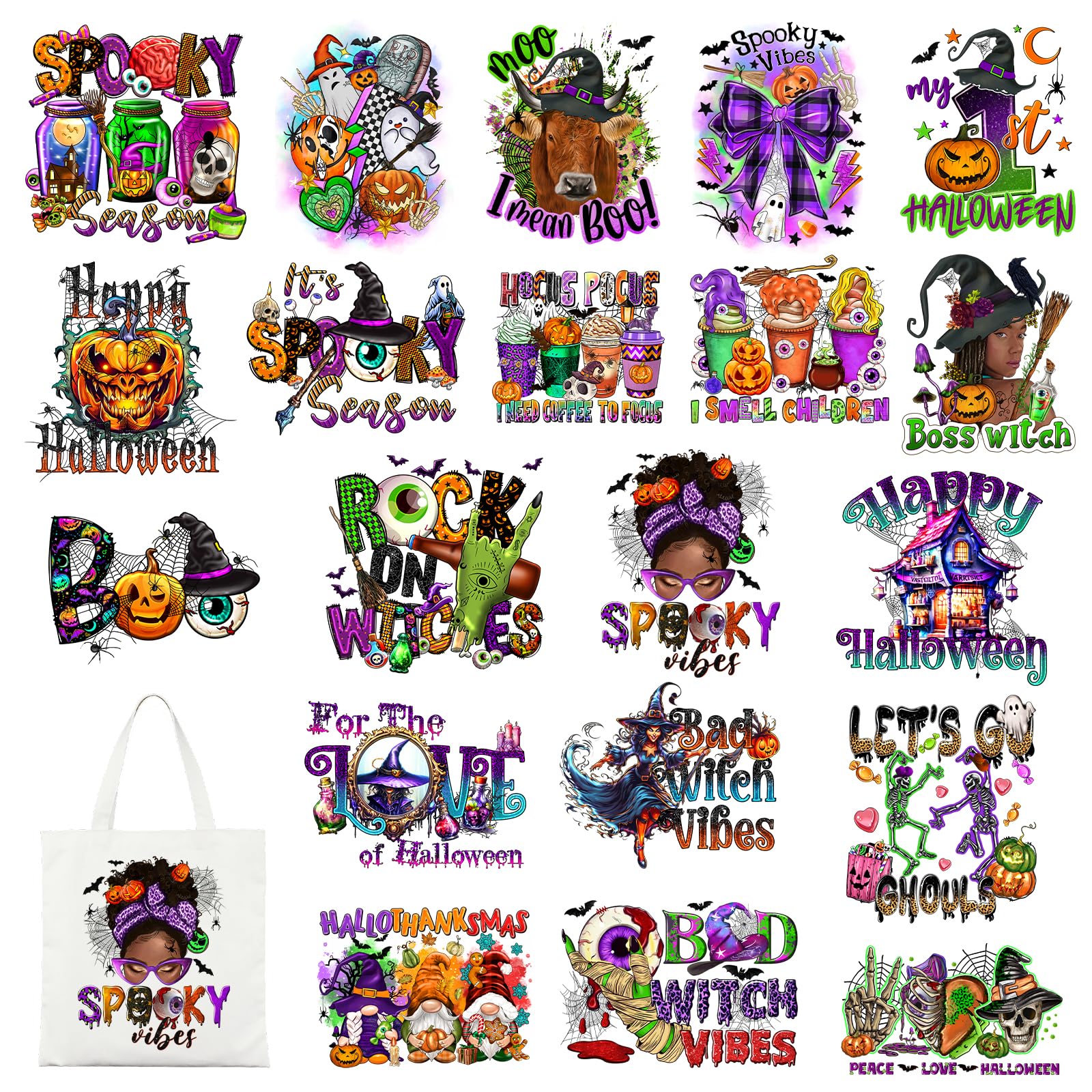 Tintnut Halloween Iron on Transfers for T-Shirts 20pcs DTF Iron on Decals