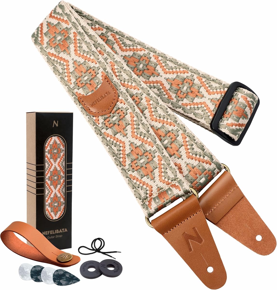 Nefelibata Guitar Strap with Pick Pocket, Head Cowhide Leather Ends Guitar Straps for Bass, Electric & Acoustic Guitar, with Free Strap Button, Locks and Picks