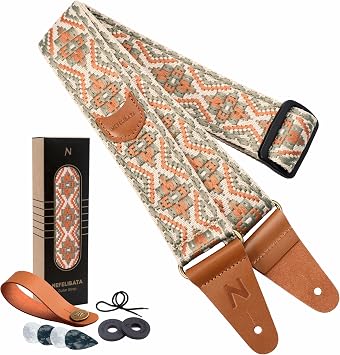 Nefelibata Guitar Strap with Pick Pocket, Head Cowhide Leather Ends Guitar Straps for Bass, Electric & Acoustic Guitar, with Free Strap Button, Locks and Picks