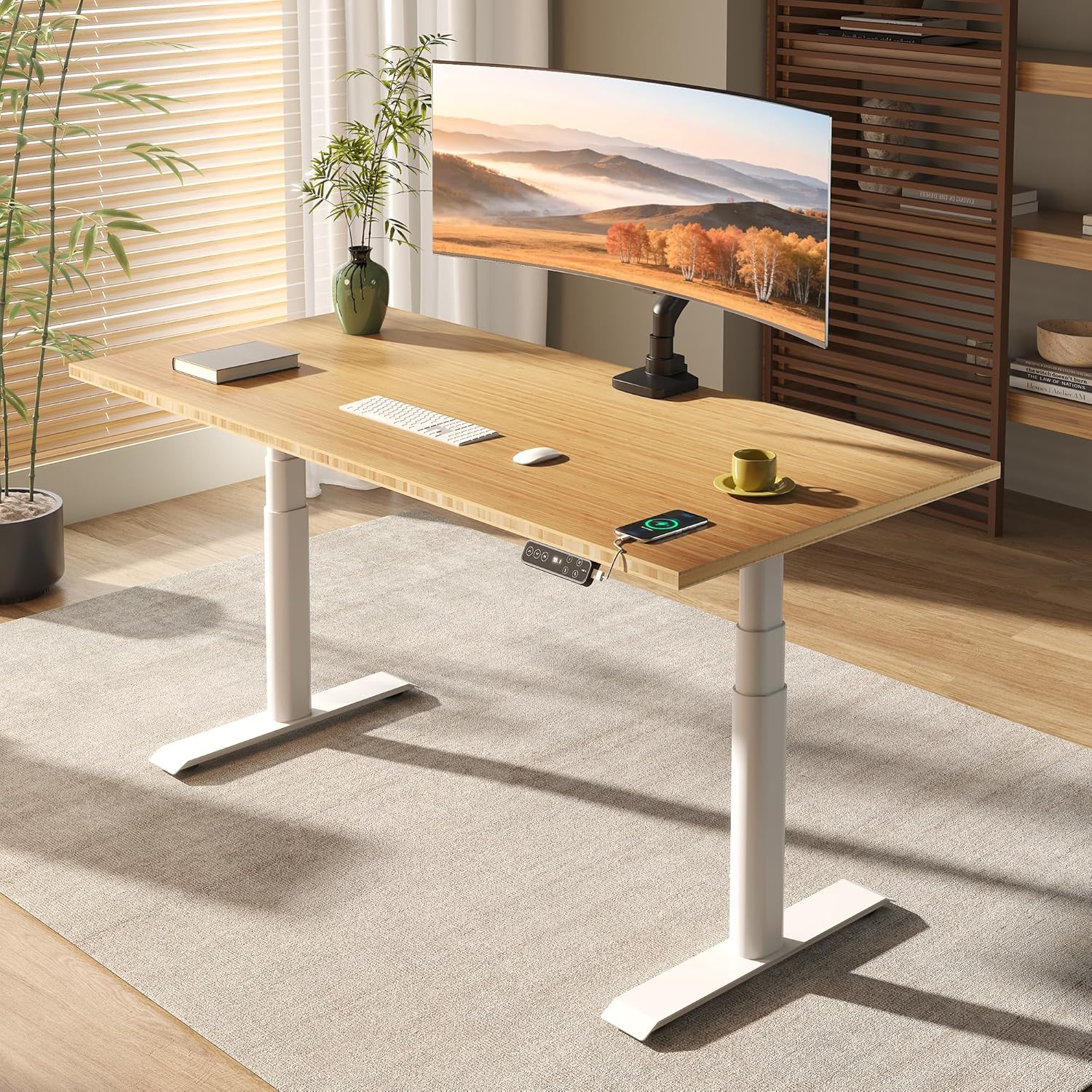 FLEXISPOT E6 Pro Oval Leg Dual Motor 3 Stages Bamboo Electric Standing Desk 72x30 Inch Whole-Piece Board Height Adjustable Electric Sit Stand Up Desk(White Frame + Bamboo Desktop)