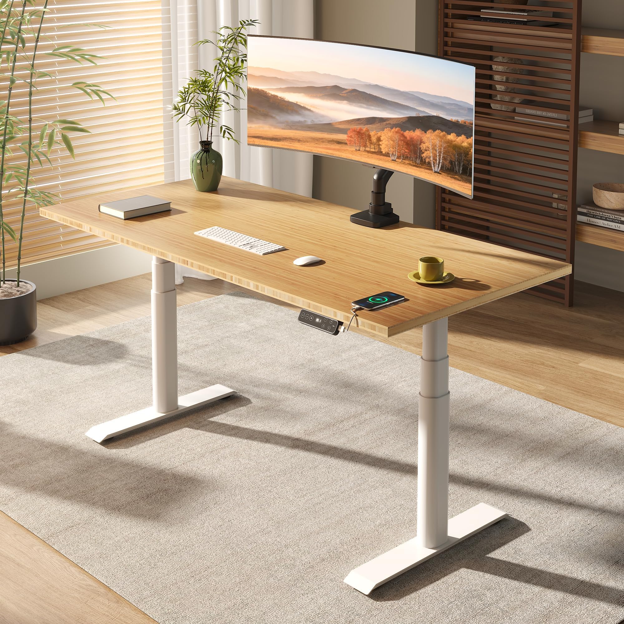 - FLEXISPOT E6 Pro Oval Leg Dual Motor 3 Stages Bamboo Electric Standing Desk 72x30 Inch Whole-Piece Board Height Adjustable Electric Sit Stand Up Desk(White Frame + Bamboo Desktop)