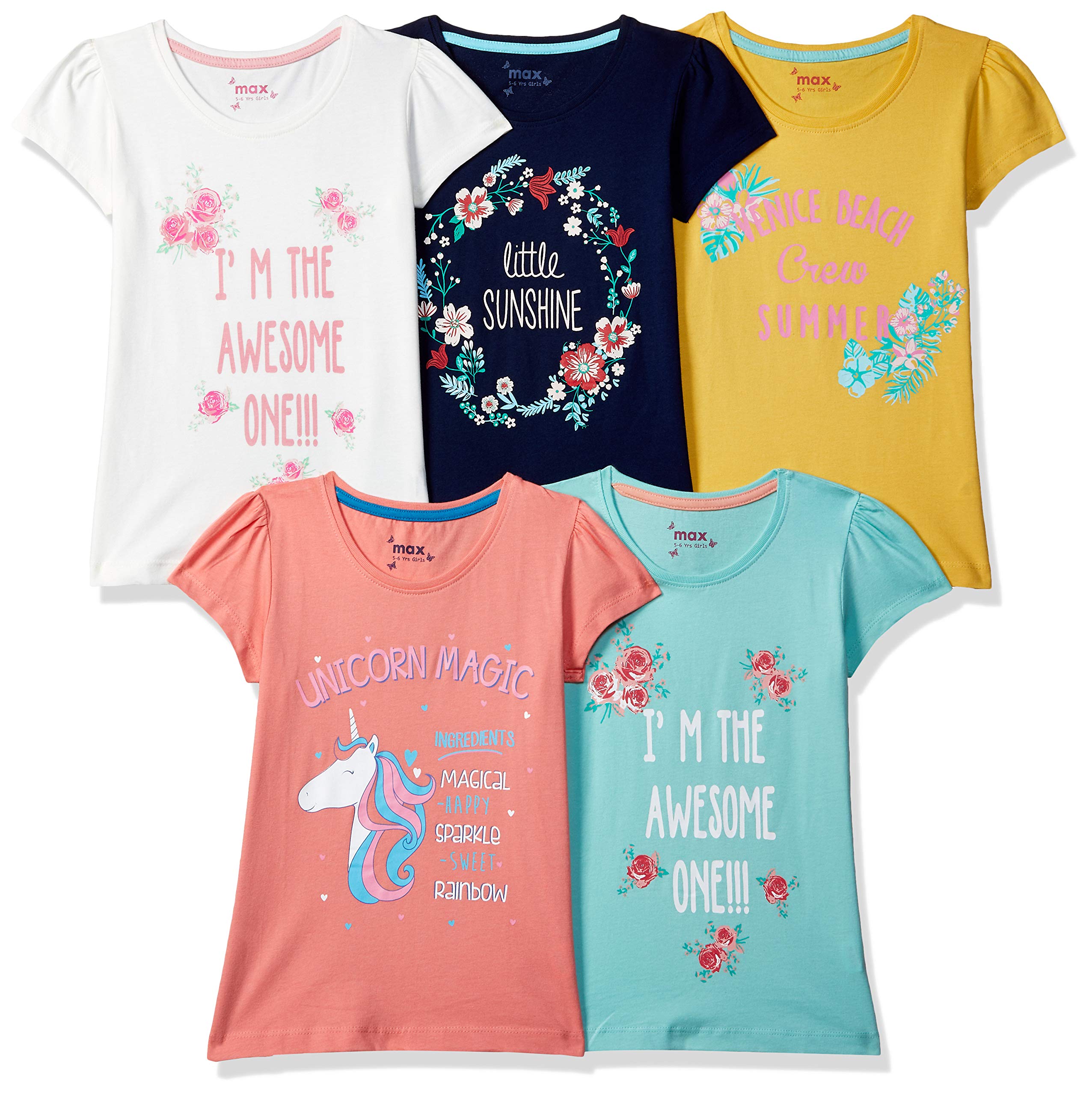 Girl's Cotton Regular Fit Printed Round Neck T-Shirt - Pack of 5